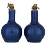 Two Chinese lavender blue glazed bottle vases, early 20thC, mounted as a lamp, H 41,5 cm