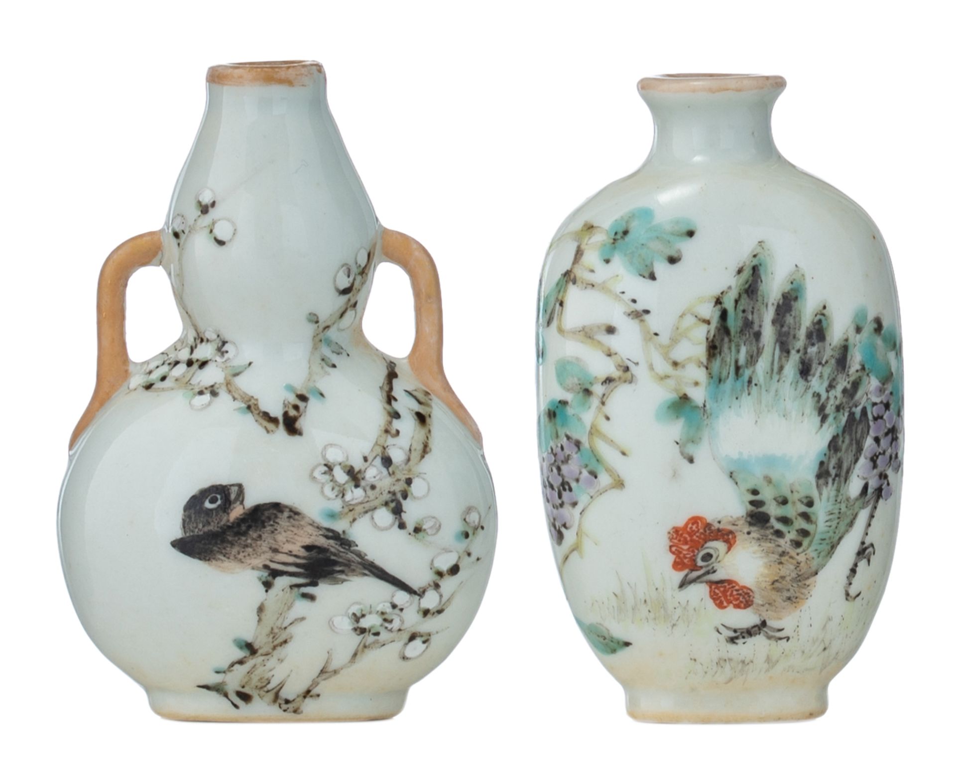 Two Republic period polychrome snuff bottles, one bottle decorated with a cockerel, signed Jin