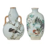 Two Republic period polychrome snuff bottles, one bottle decorated with a cockerel, signed Jin