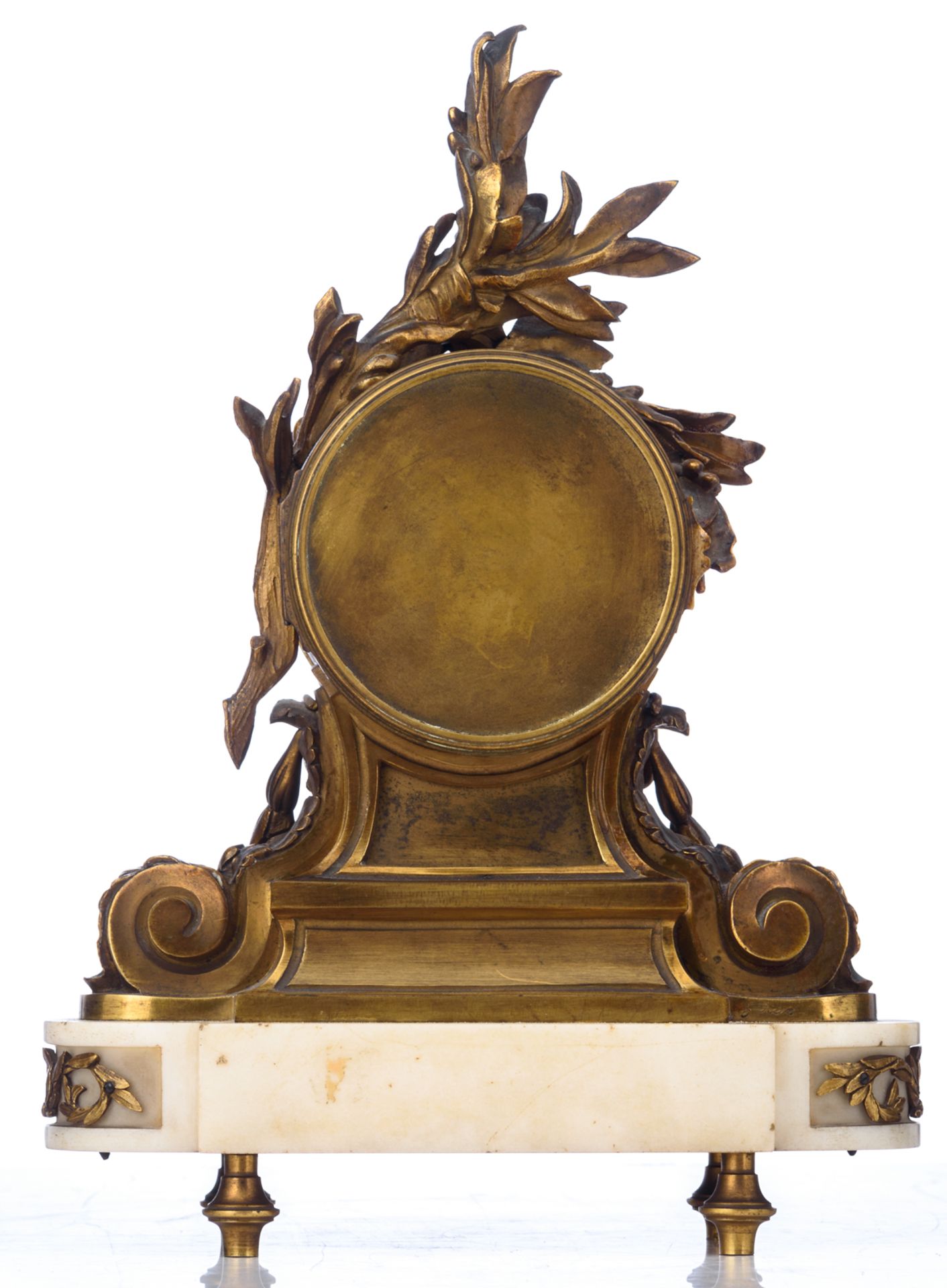 A French Napoleon III-period mantle clock, white Carrara marble and decorated with patinated - Image 3 of 10