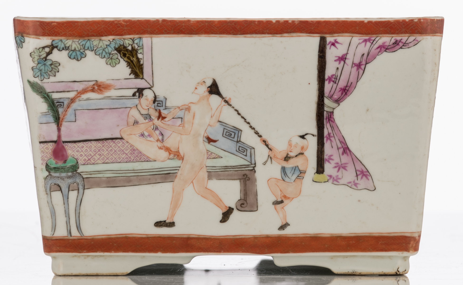 A Chinese famille rose and polychrome decorated rectangular cachepot with erotic scenes, marked, - Image 3 of 8