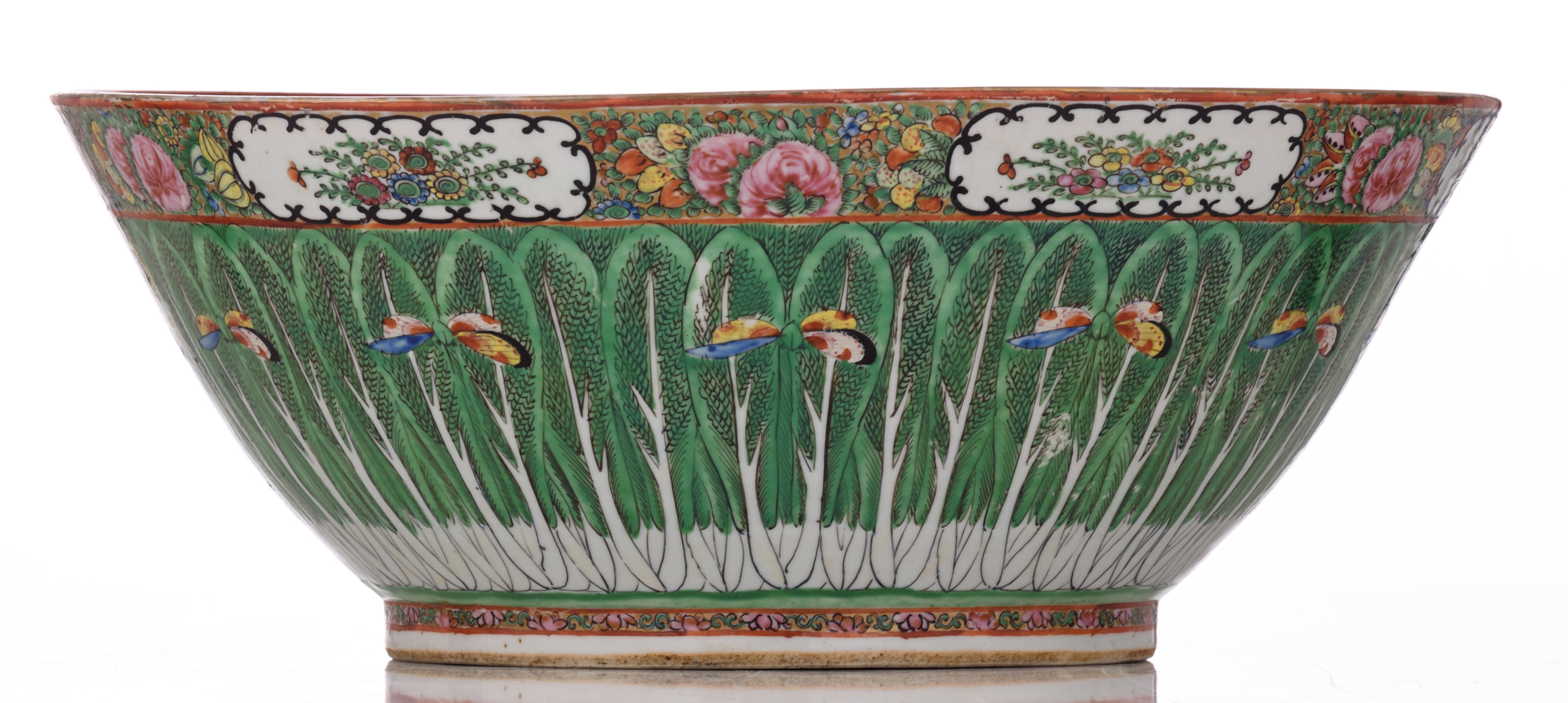 A Chinese Canton famille rose porcelain bowl, decorated with cabbage leaves and butterflies, - Image 3 of 7