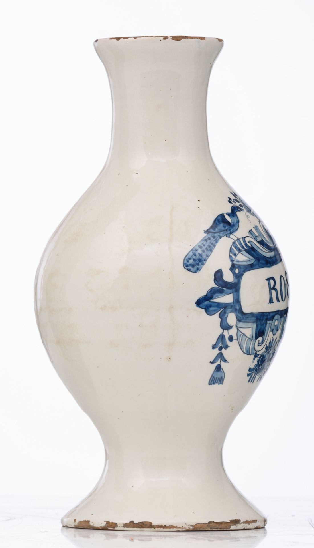 An 18thC Delftware pharmacy jar, blue and white decorated with a cartouche and birds and - Image 5 of 7