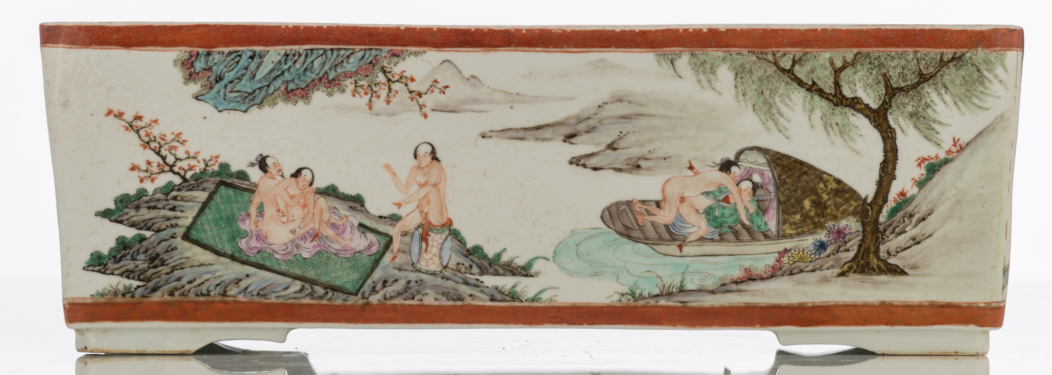 A Chinese famille rose and polychrome decorated rectangular cachepot with erotic scenes, marked, - Image 4 of 8
