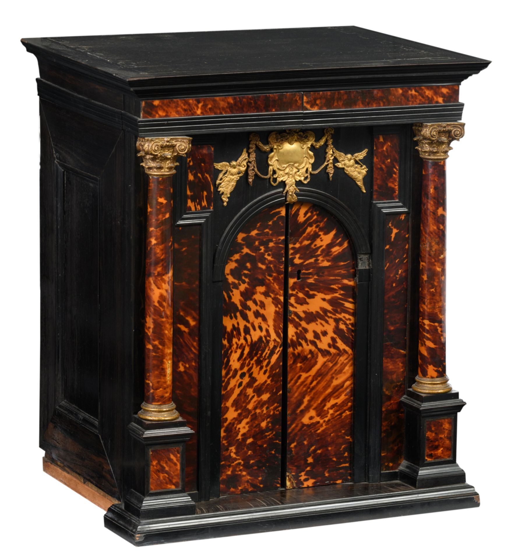 An ebonized wood, ormolu-mounted, tortoiseshell, and rosewood veneered architectural-looking