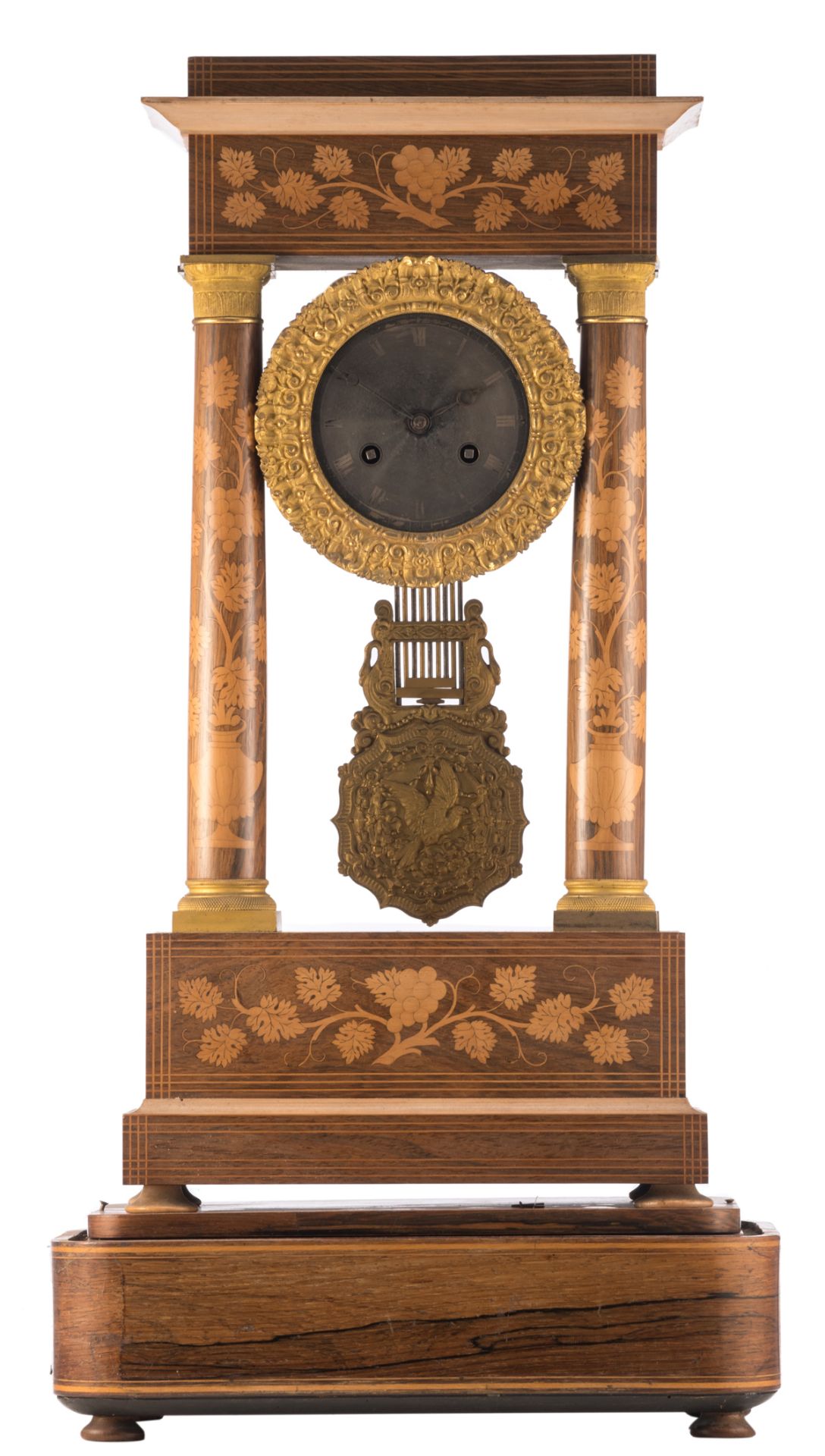 A mid 19thC Neoclassical portico clock with carillon and floral marquetry, the work marked 'Baullier