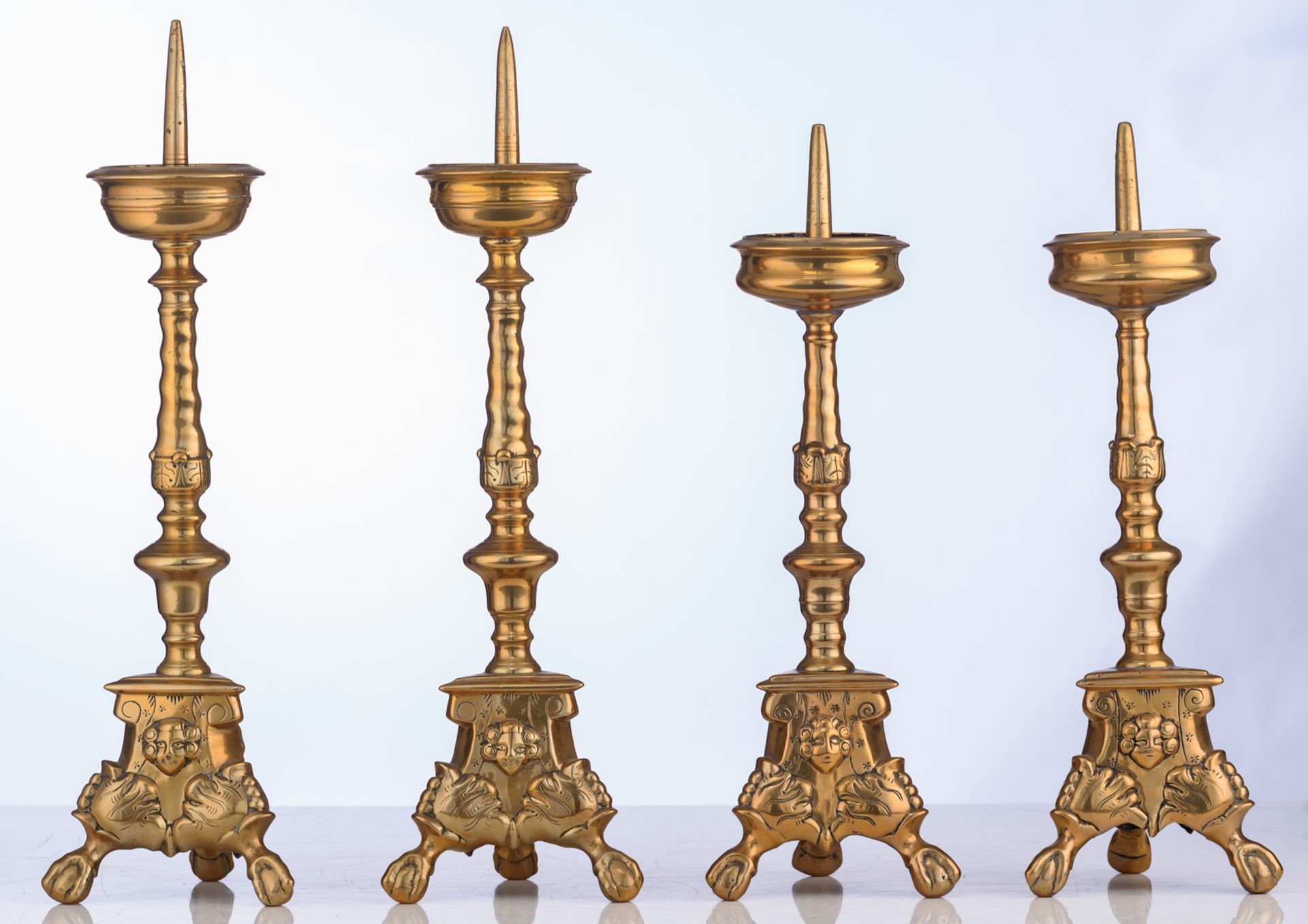 Two pair of Baroque bronze church candlesticks, 17thC, H 38,5 - 43 cm - Image 3 of 7