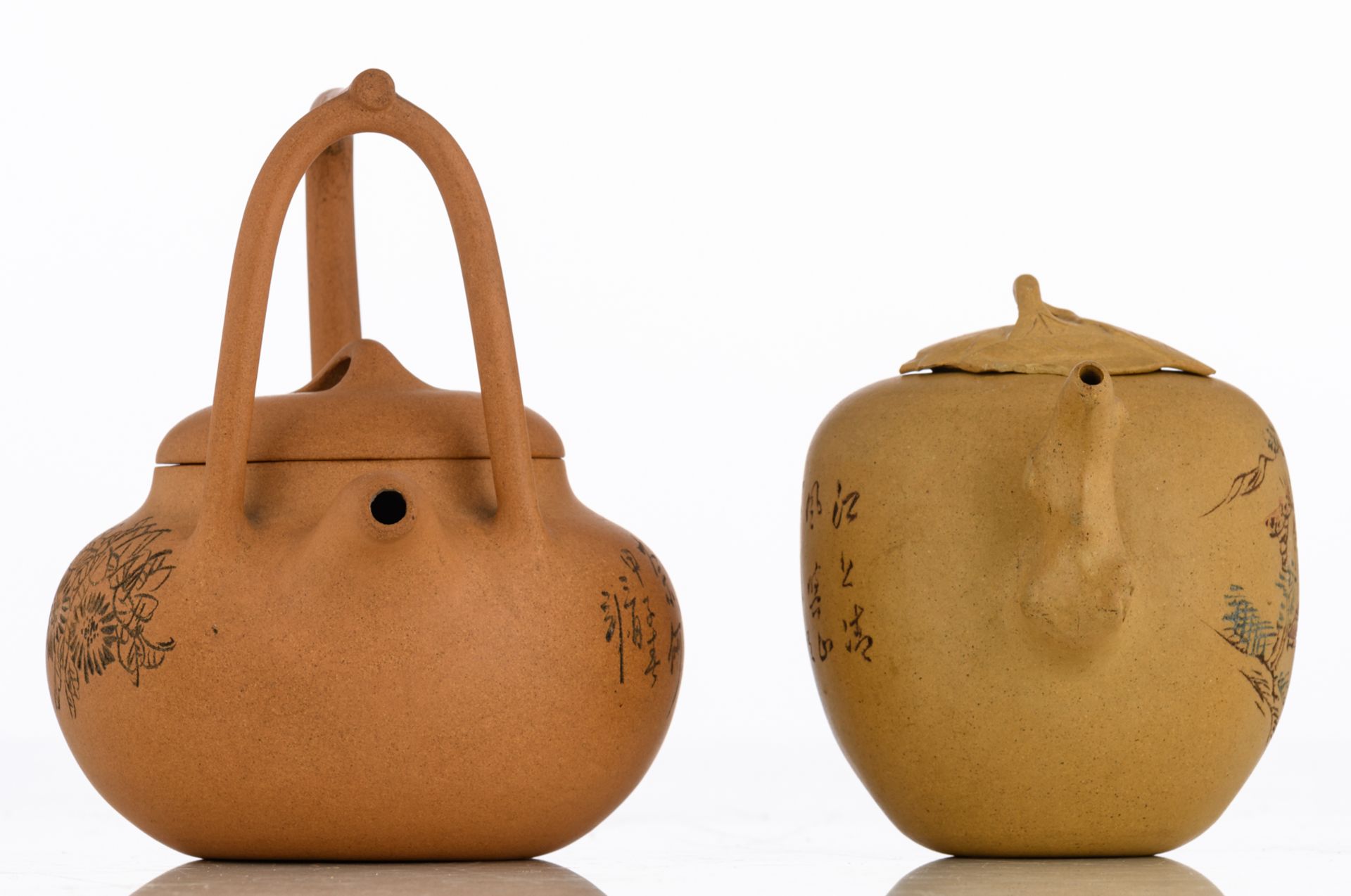 Two Chinese yellow zisha teapots, the 'tree leaf' teapot decorated with a village landscape and - Image 5 of 9