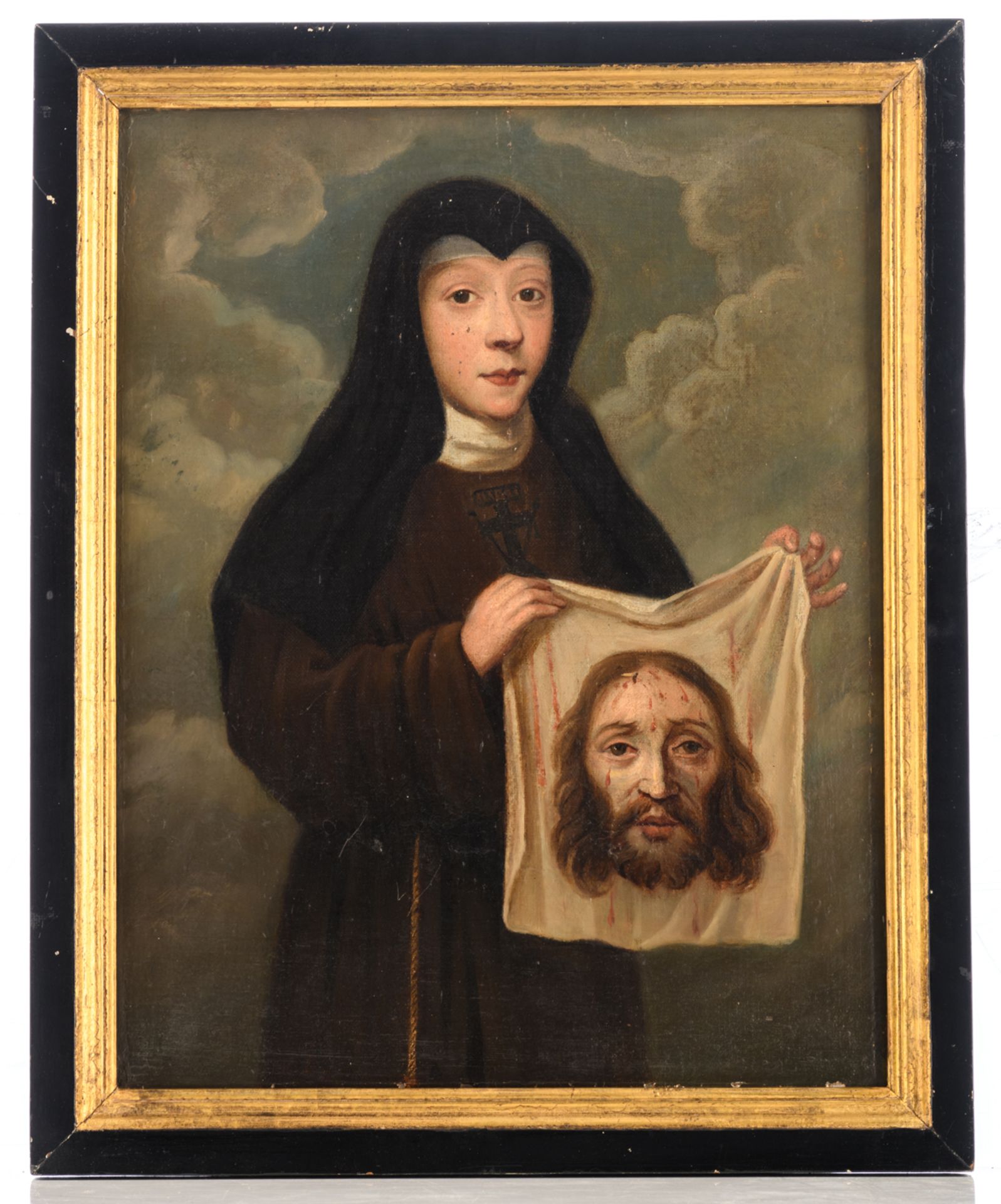 No visible signature, the portrait of a nun holding Veronica's veil, oil on canvas on panel, - Bild 2 aus 3