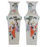 A pair of Chinese famille rose quadrangular vases, decorated with Immortals in a landscape, H 58,5