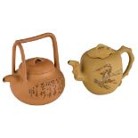 Two Chinese yellow zisha teapots, the 'tree leaf' teapot decorated with a village landscape and