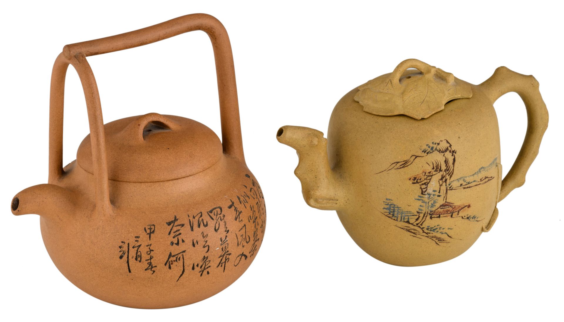 Two Chinese yellow zisha teapots, the 'tree leaf' teapot decorated with a village landscape and