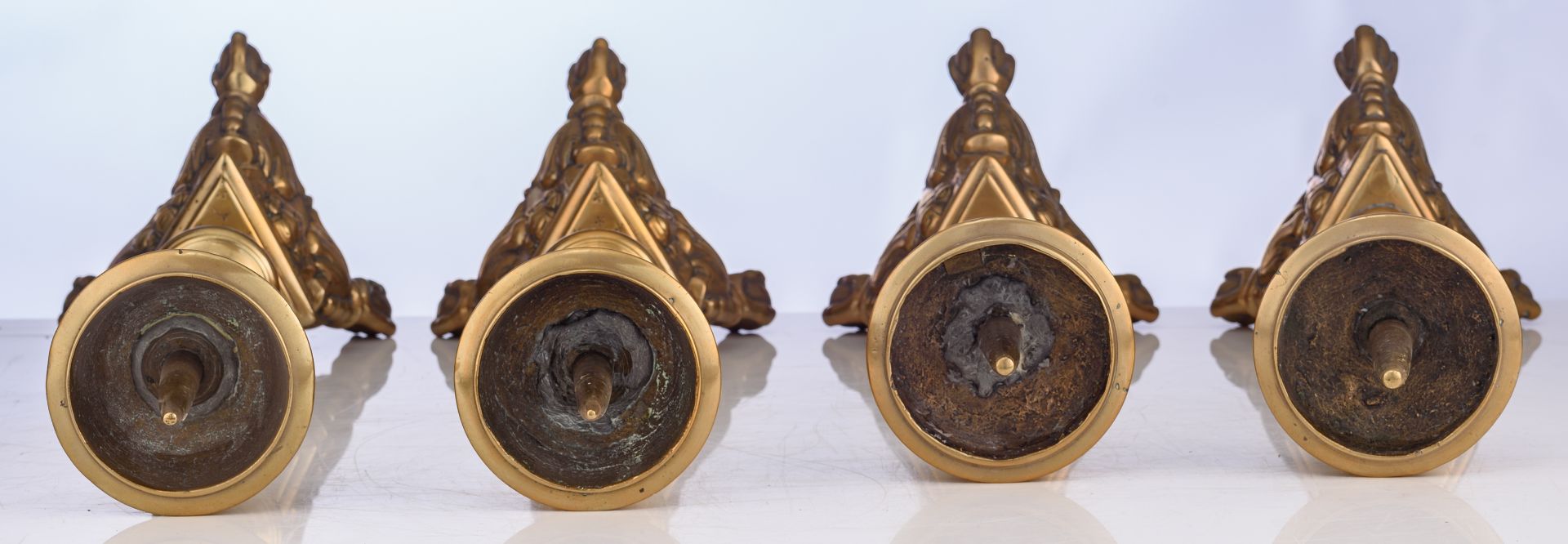 Two pair of Baroque bronze church candlesticks, 17thC, H 38,5 - 43 cm - Image 6 of 7