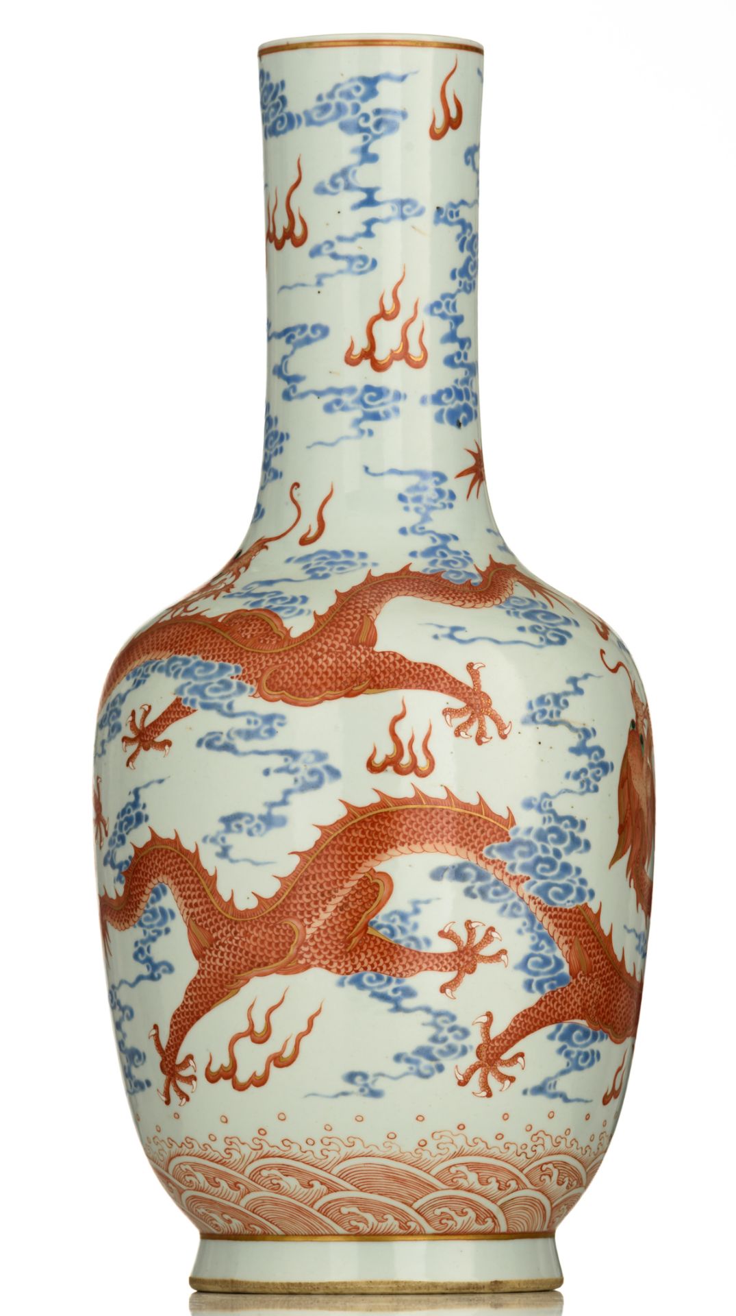 A Chinese polychrome decorated porcelain bottle vase, with the five-clawed dragons in iron red, - Image 3 of 6