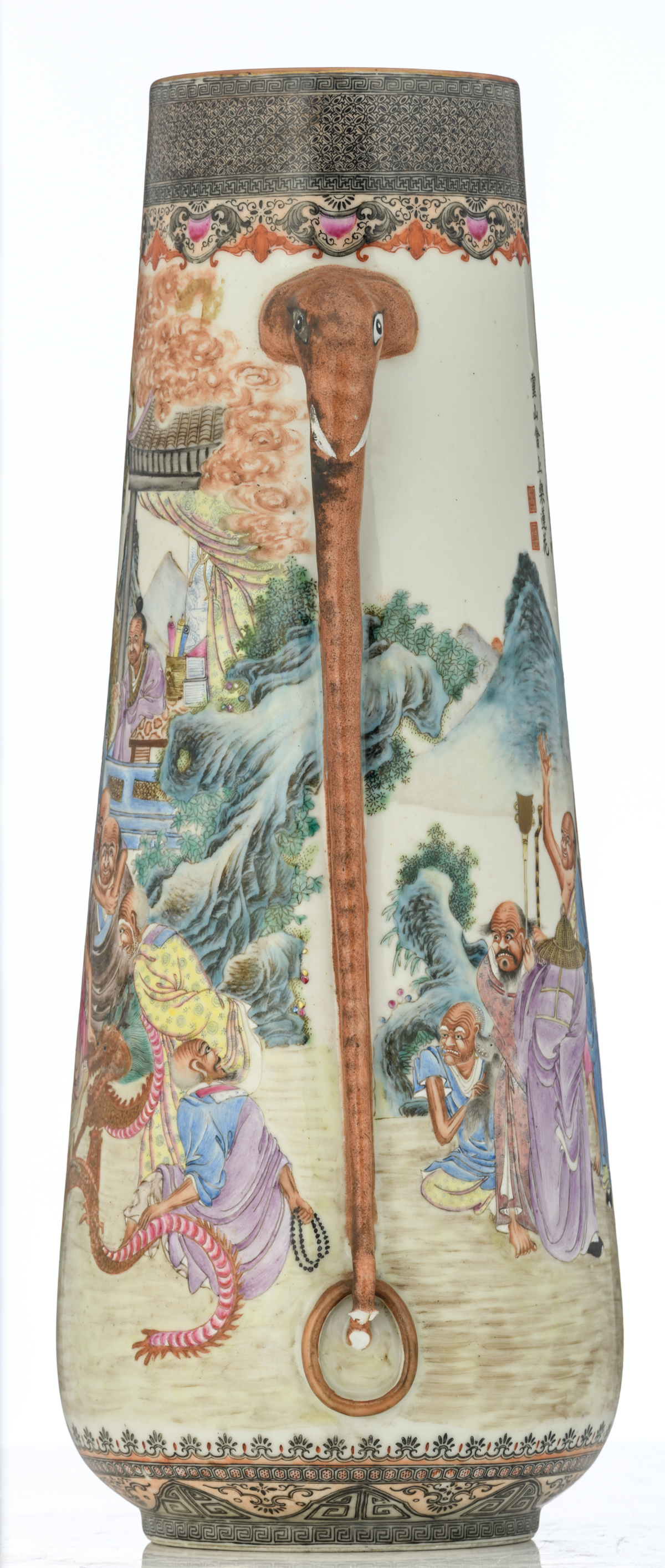 A Chinese Republic period cylindrical vase, decorated with the Eighteen Luohans, observing an animal - Image 2 of 7