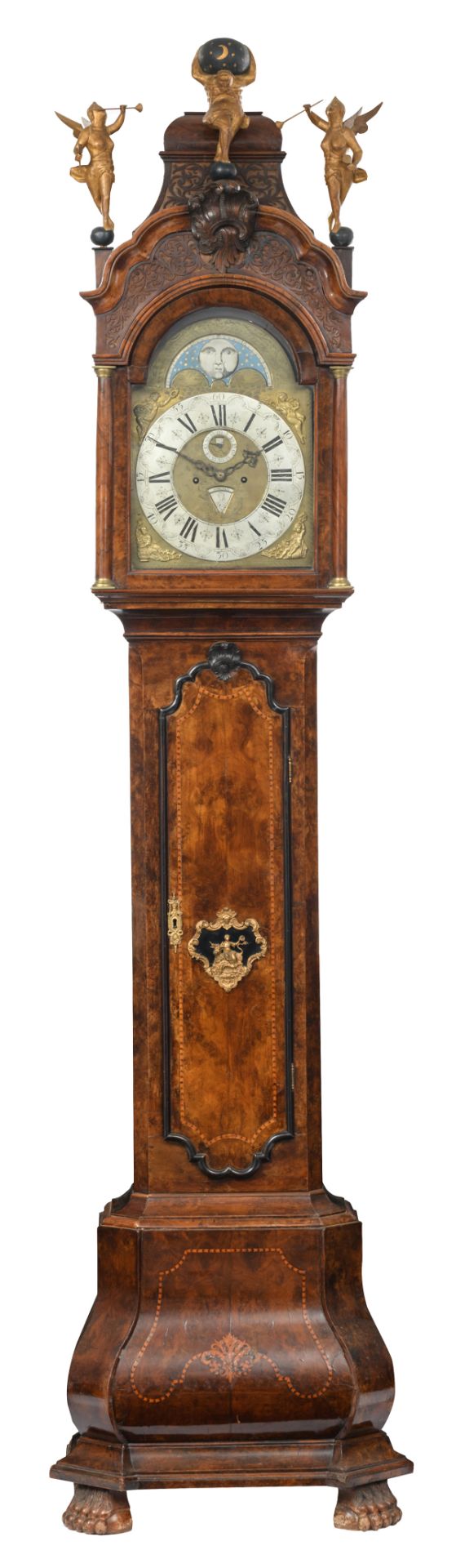 A Dutch burl wood and marquetry veneered 'Amsterdammer type' longcase clock, with gilt bronze mounts