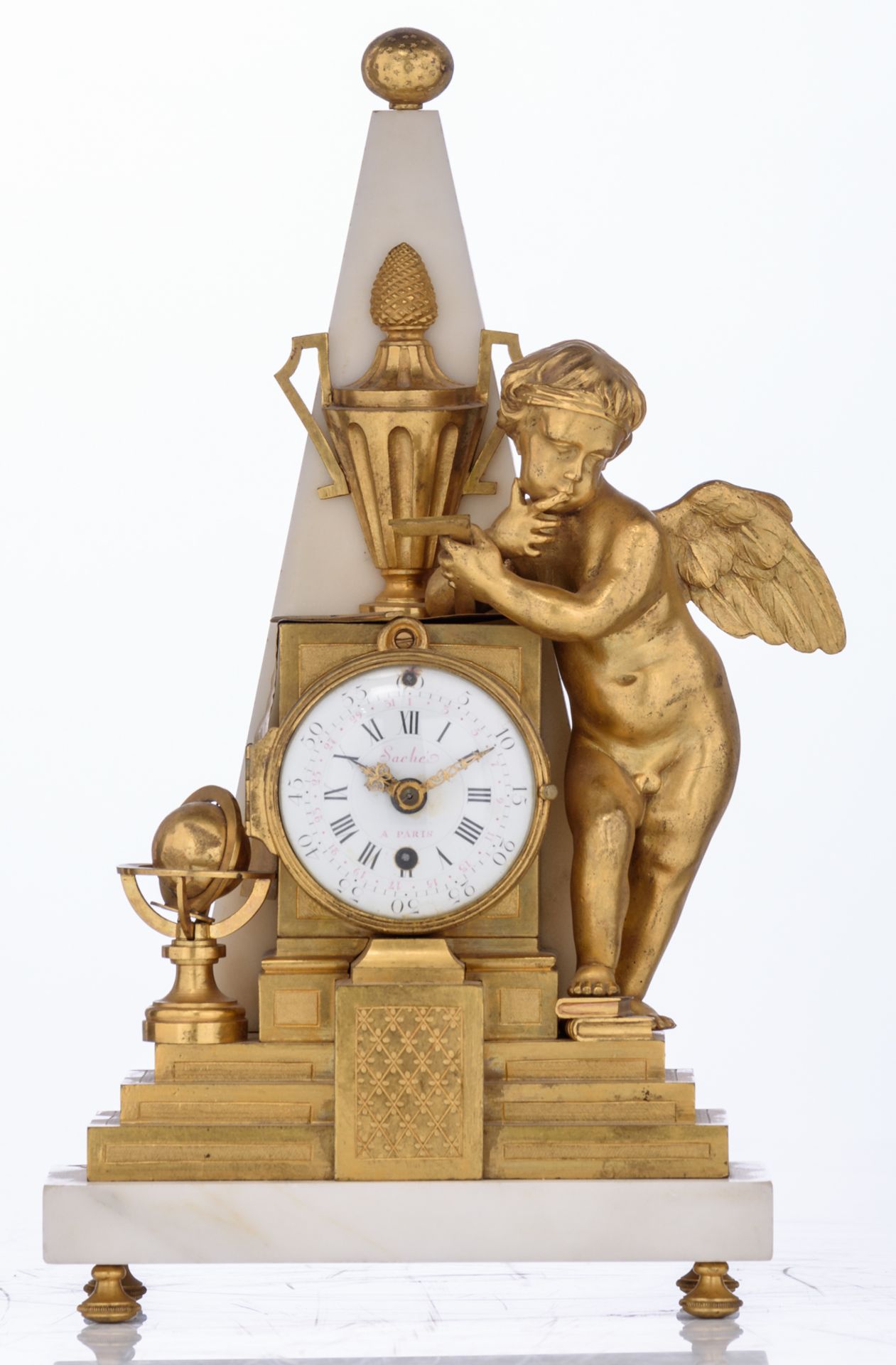 A French obelisk-shaped mantle clock, with an allegory on geography on top, ormolu bronze and - Image 2 of 5