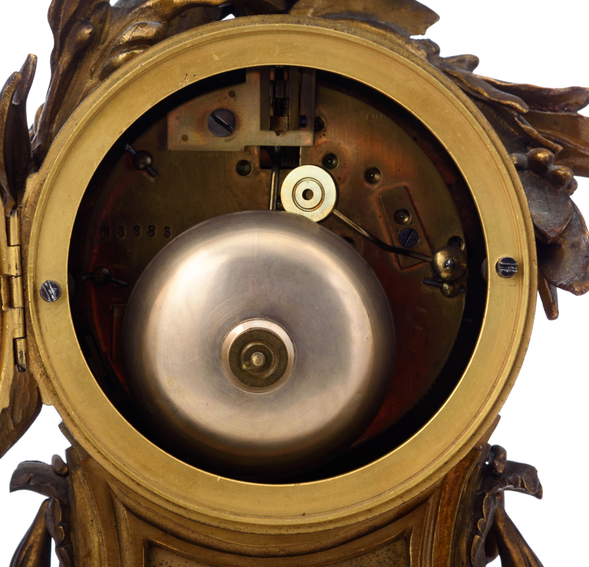 A French Napoleon III-period mantle clock, white Carrara marble and decorated with patinated - Image 9 of 10