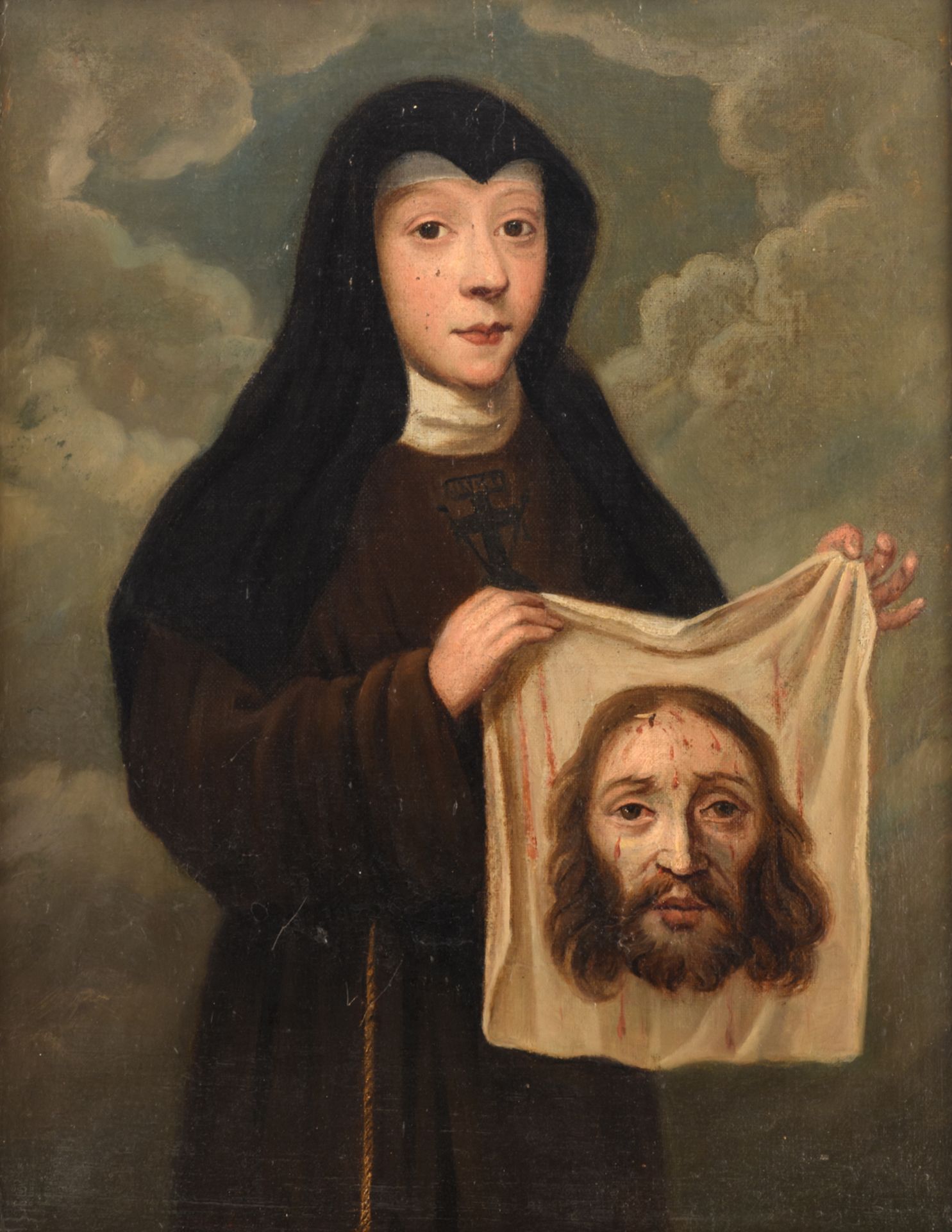 No visible signature, the portrait of a nun holding Veronica's veil, oil on canvas on panel,