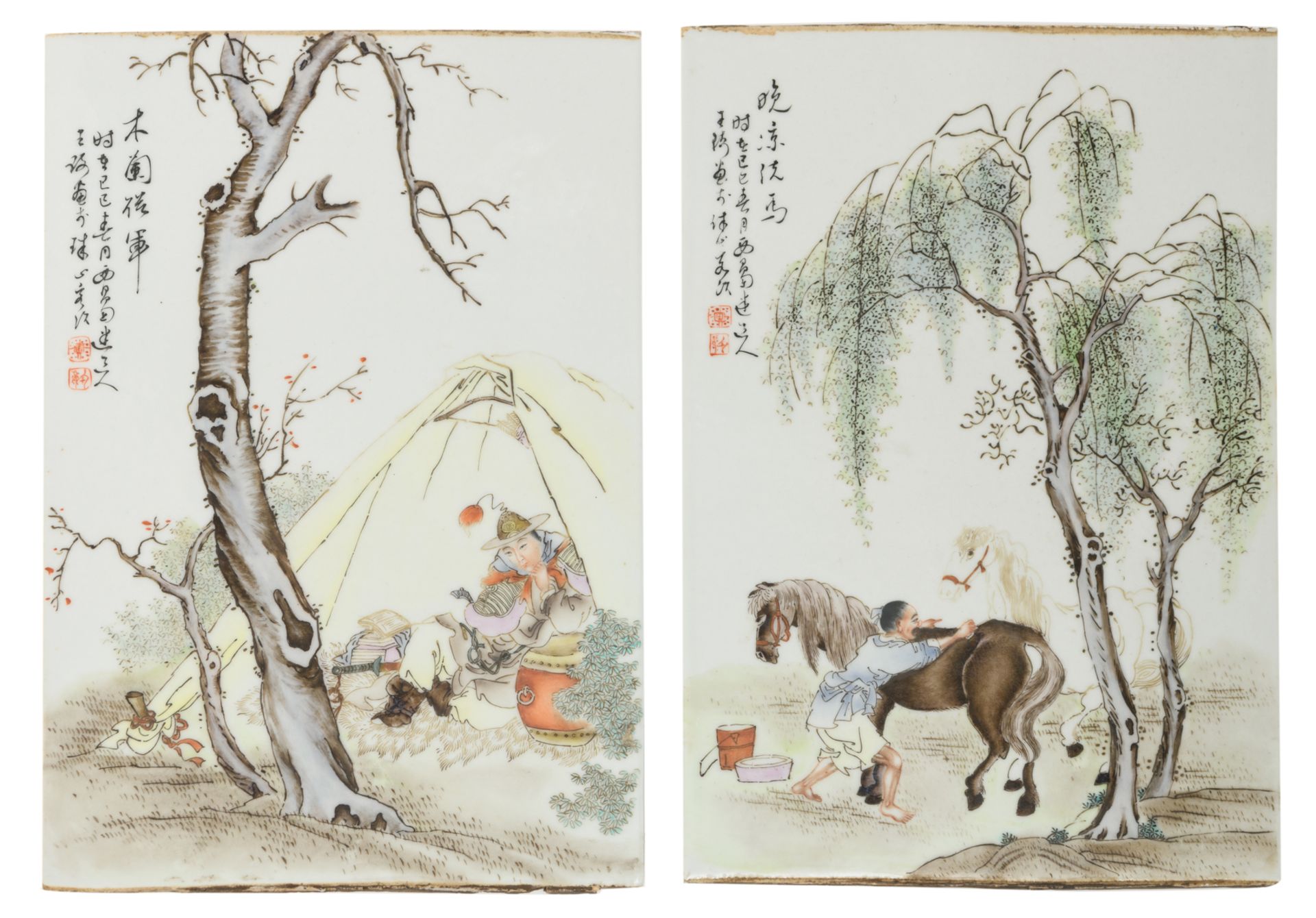 Two Chinese Republic period famille rose decorated porcelain plaques, one plaque decorated with a