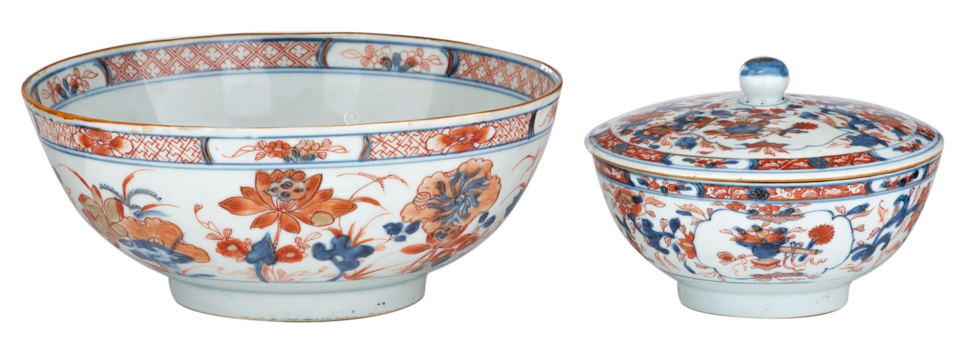 A Chinese Imari bowl, decorated with lotus flowers; added: a ditto floral covered bowl, the roundels