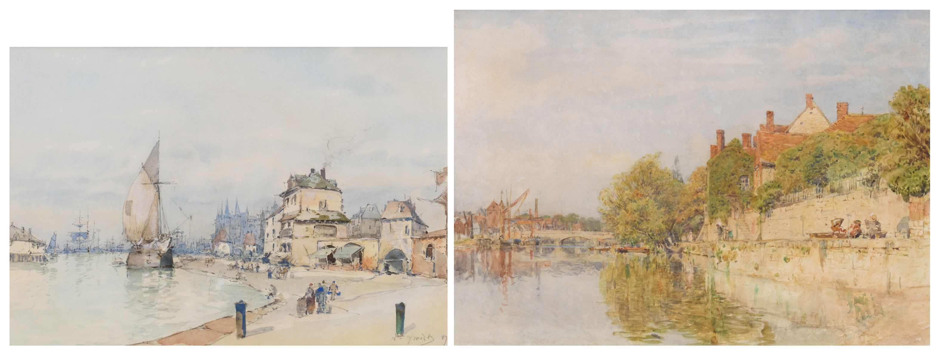 Robertson H. 'River Medway at Maidstone', watercolour; Marks F.L., 'French Port', watercolour, 22 32