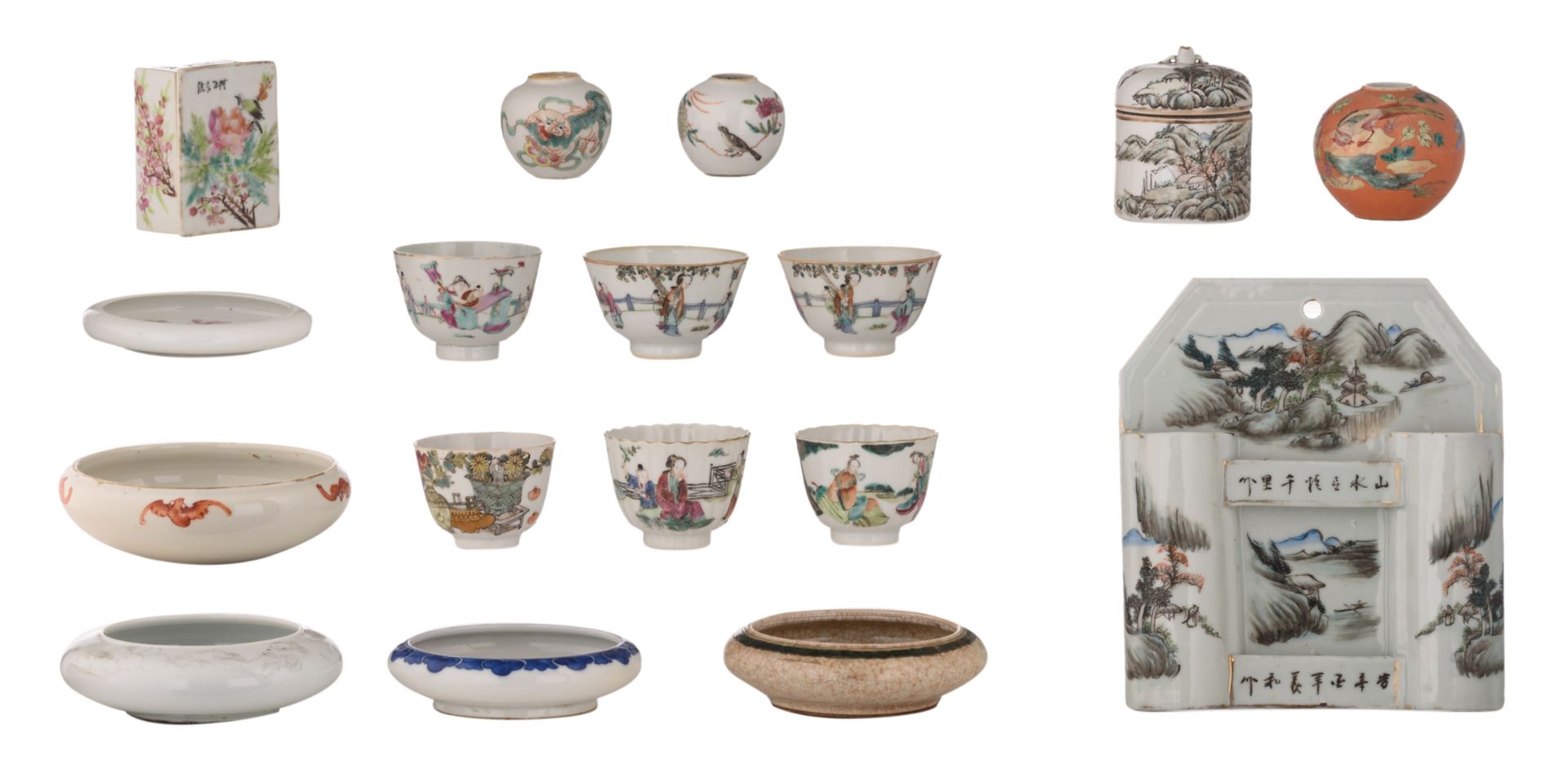 A collection of various polychrome decorated scholar's objects, consisting of water pots, jars, a