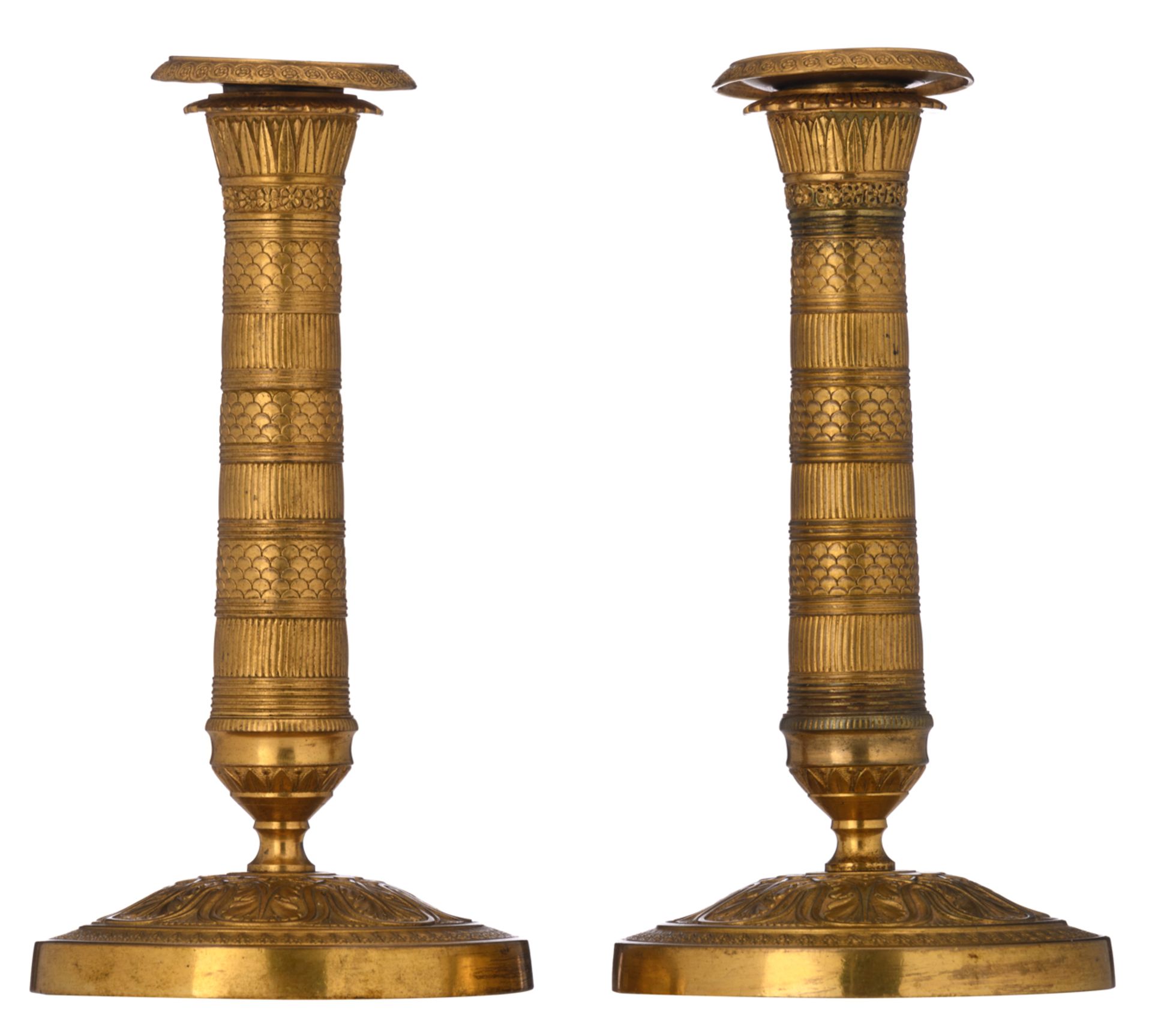 A fine pair of 'French Restauration' brass candlesticks, first quarter of the 19thC, H 18 cm