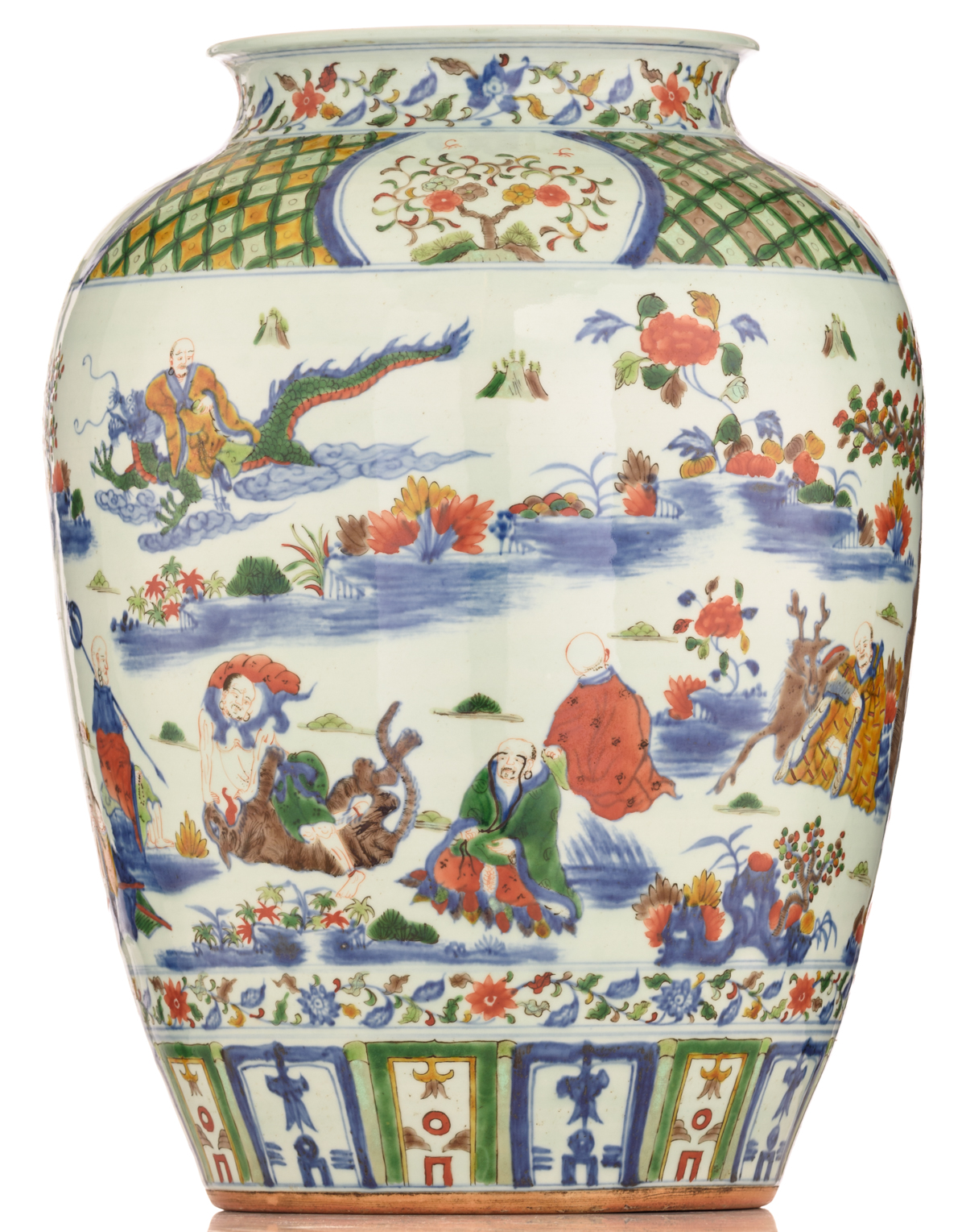 A Chinese wucai jar, decorated with the Eighteen Luohans in a landscape, with a Jiajing mark, H 45 - Image 2 of 7