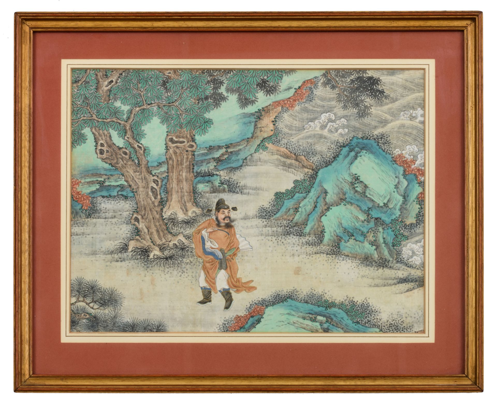 A 19thC Chinese watercolour on textile, depicting a philosopher, strolling in a landscape near to - Image 2 of 3