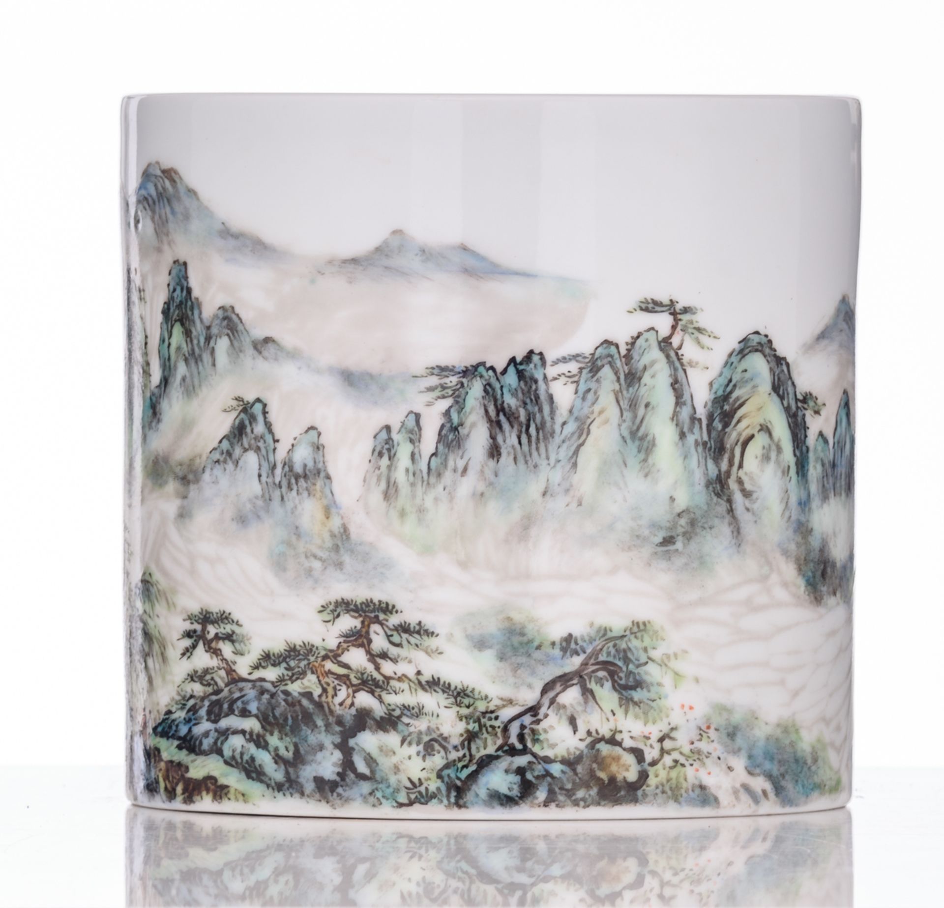 A Chinese yangcai brush pot, decorated with a mountainous river landscape, with signed text, H - Image 3 of 10