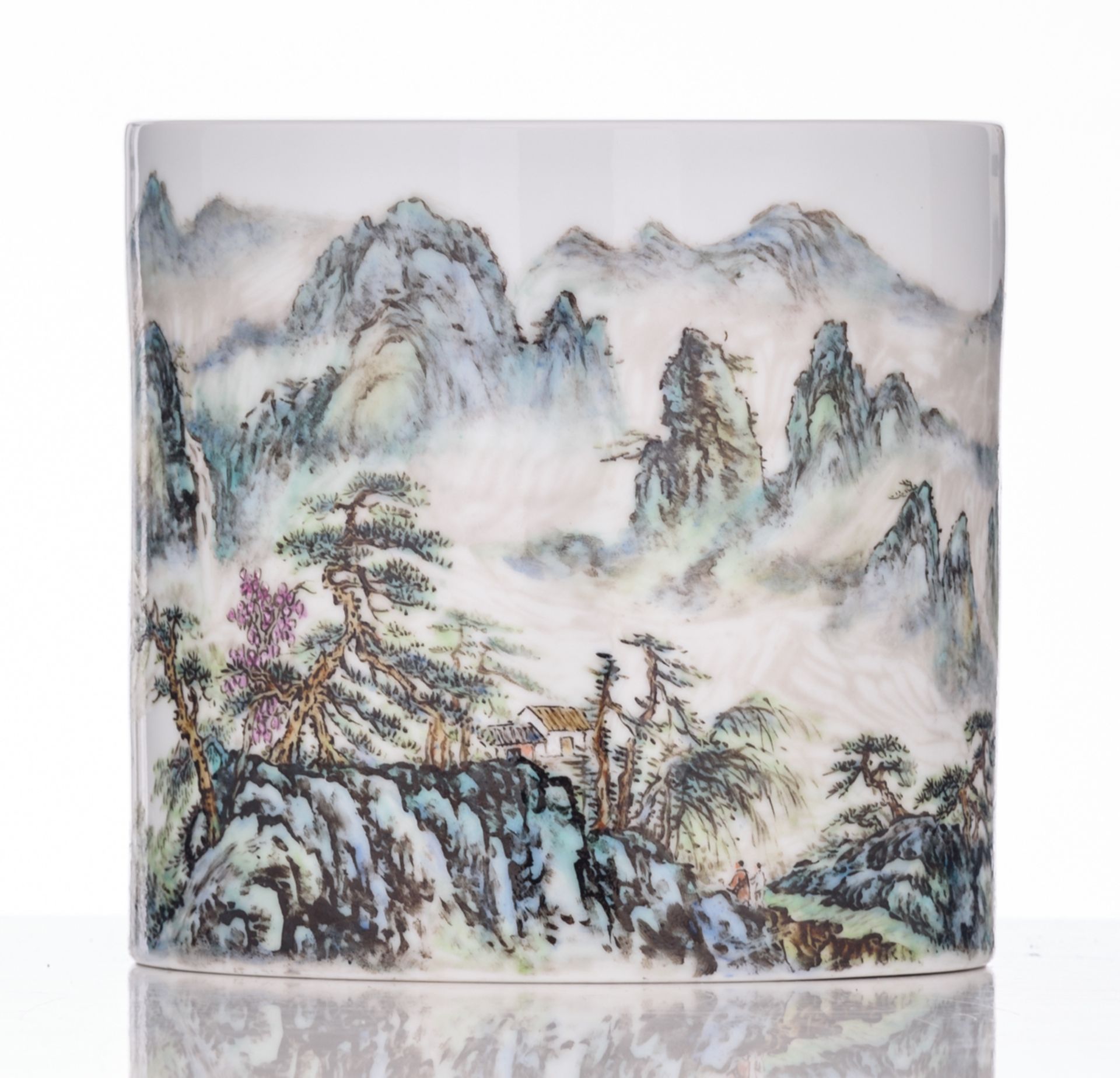 A Chinese yangcai brush pot, decorated with a mountainous river landscape, with signed text, H - Image 2 of 10