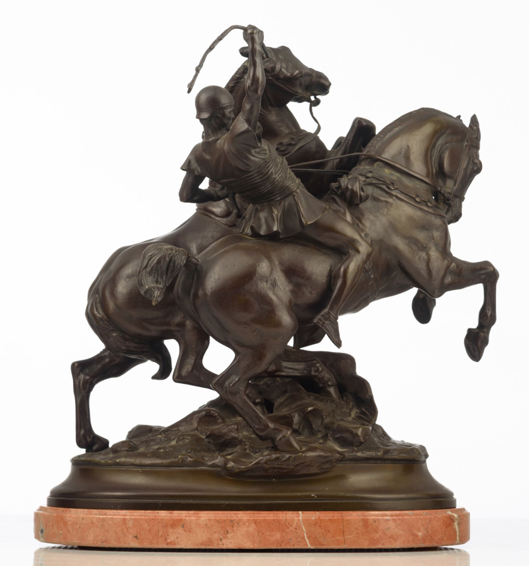 Freniet E., the Roman horse tamer, brown patinated bronze on a rouge imperial marble base, H 40 - Image 2 of 9