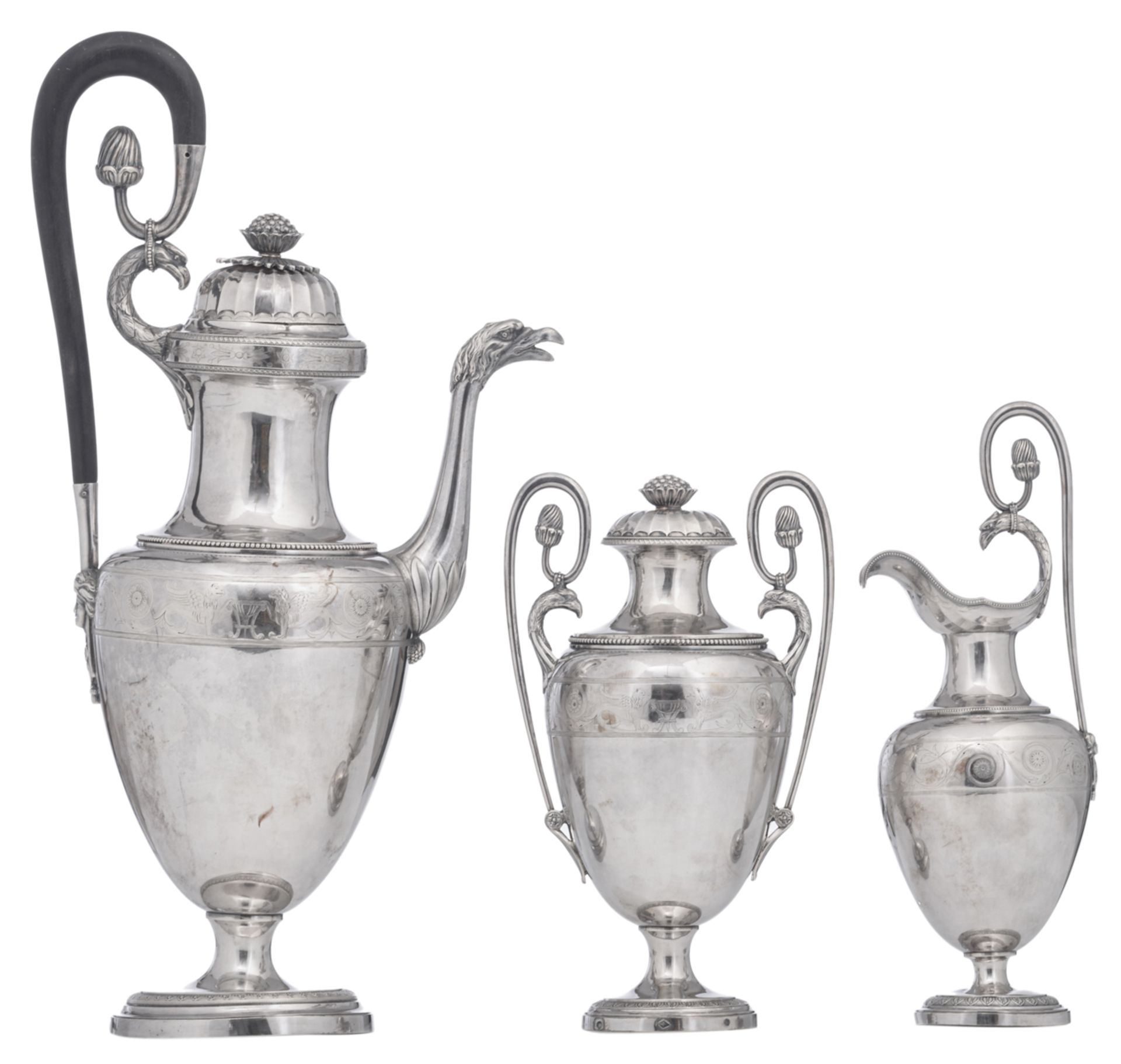A Neoclassical three-part coffee set, marked 'Van de Acker', Brussels 1809 - 1814, H 39 - 24,5 -