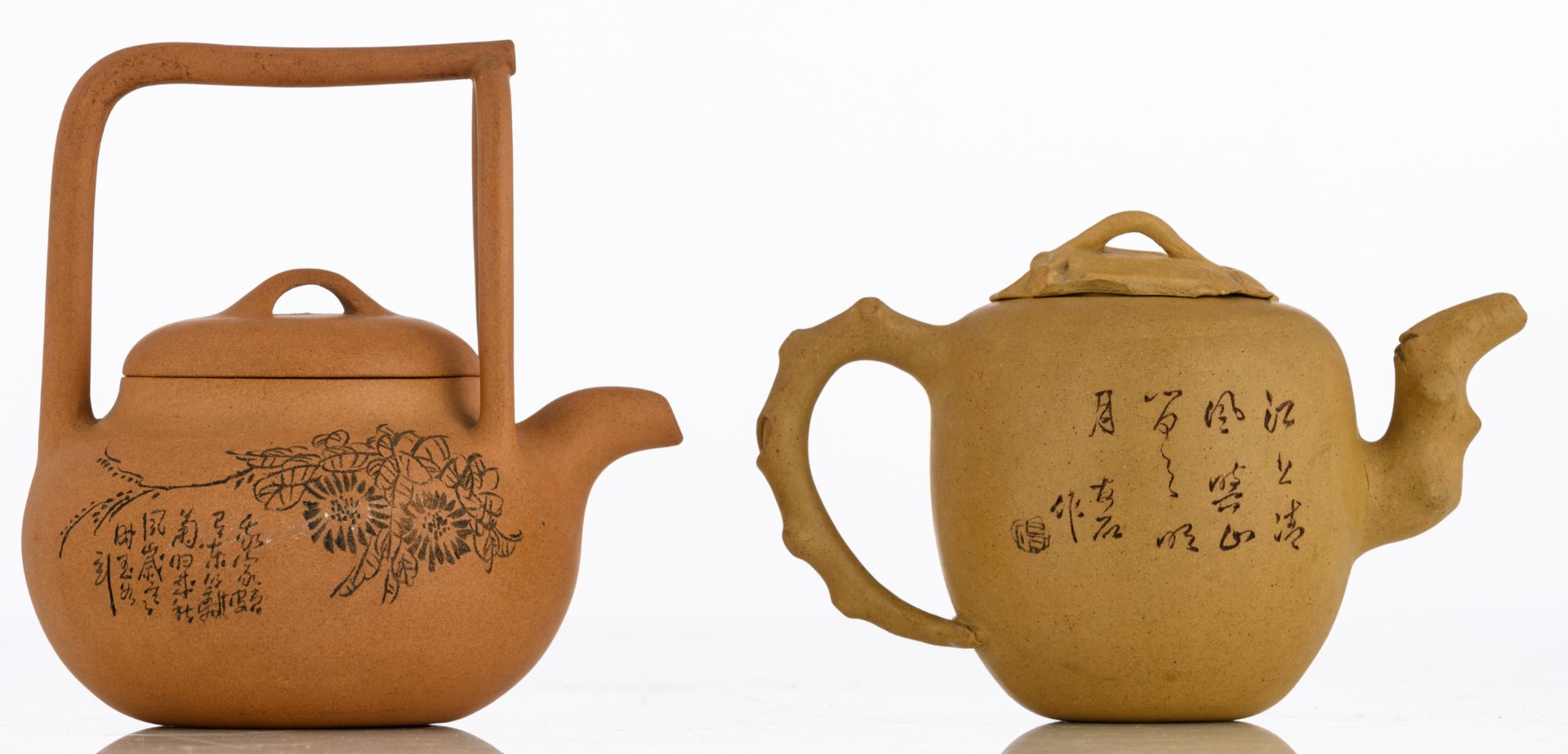 Two Chinese yellow zisha teapots, the 'tree leaf' teapot decorated with a village landscape and - Image 4 of 9