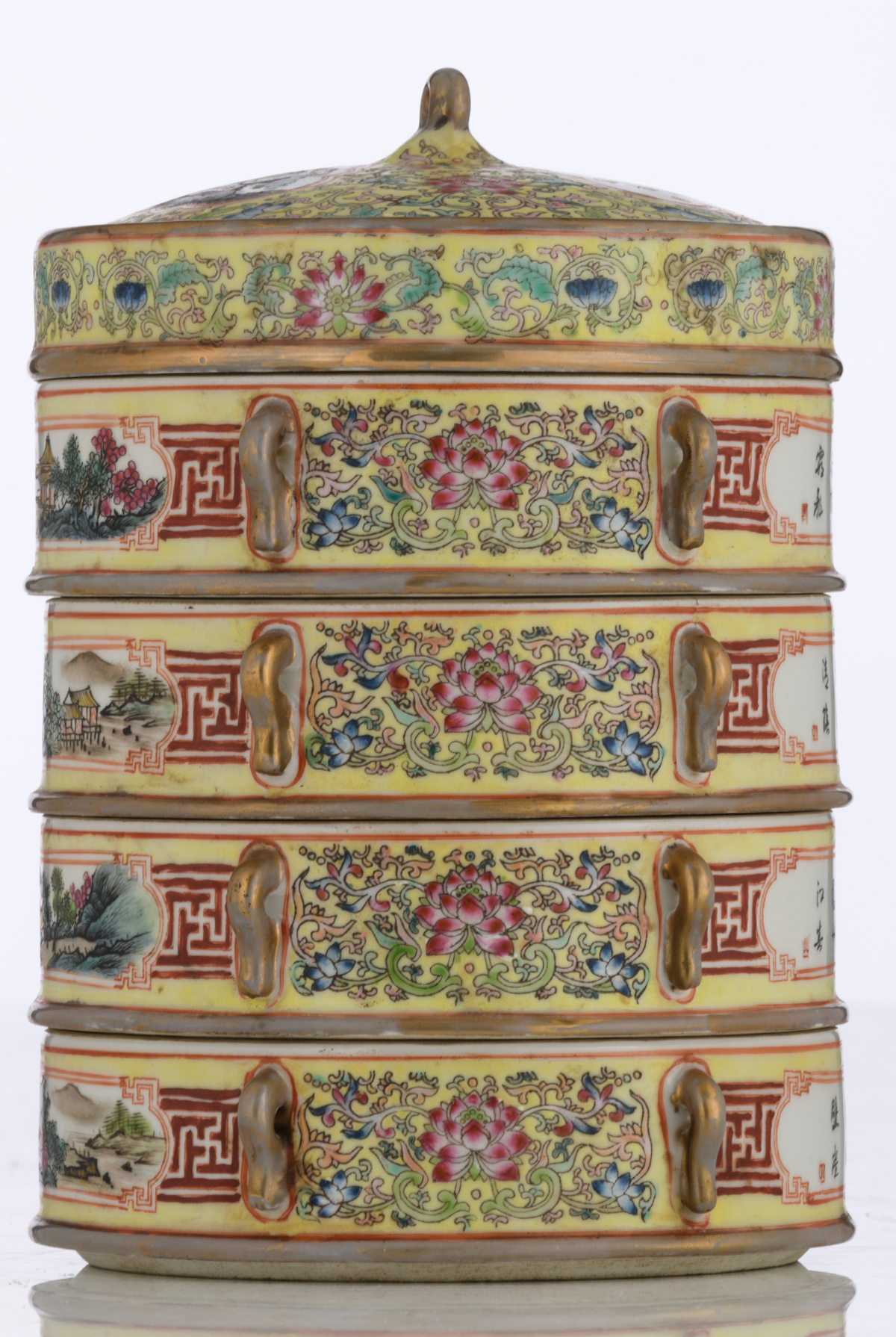 A Chinese yellow ground with famille rose lotus scrolls decorated four-tiered porcelain food - Image 2 of 7