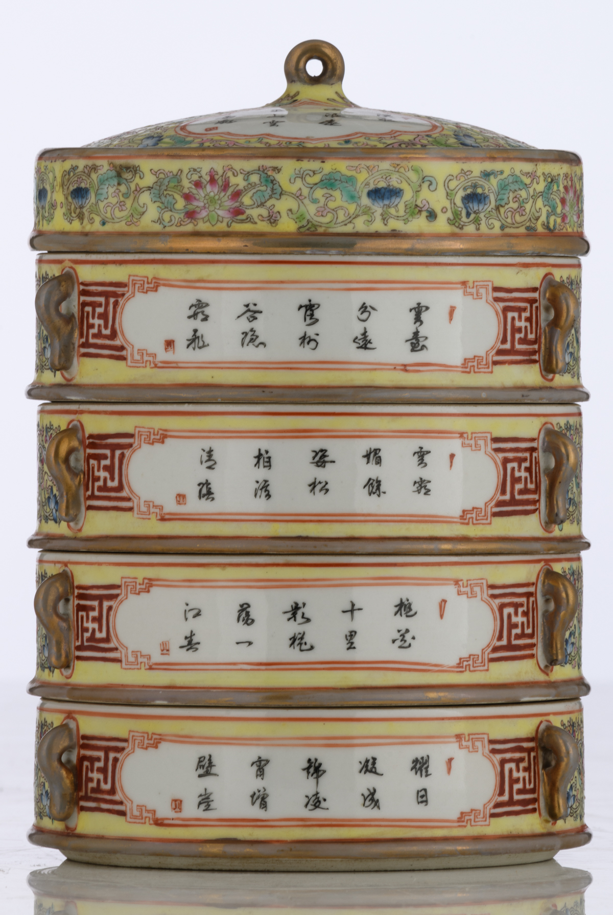 A Chinese yellow ground with famille rose lotus scrolls decorated four-tiered porcelain food - Image 3 of 7