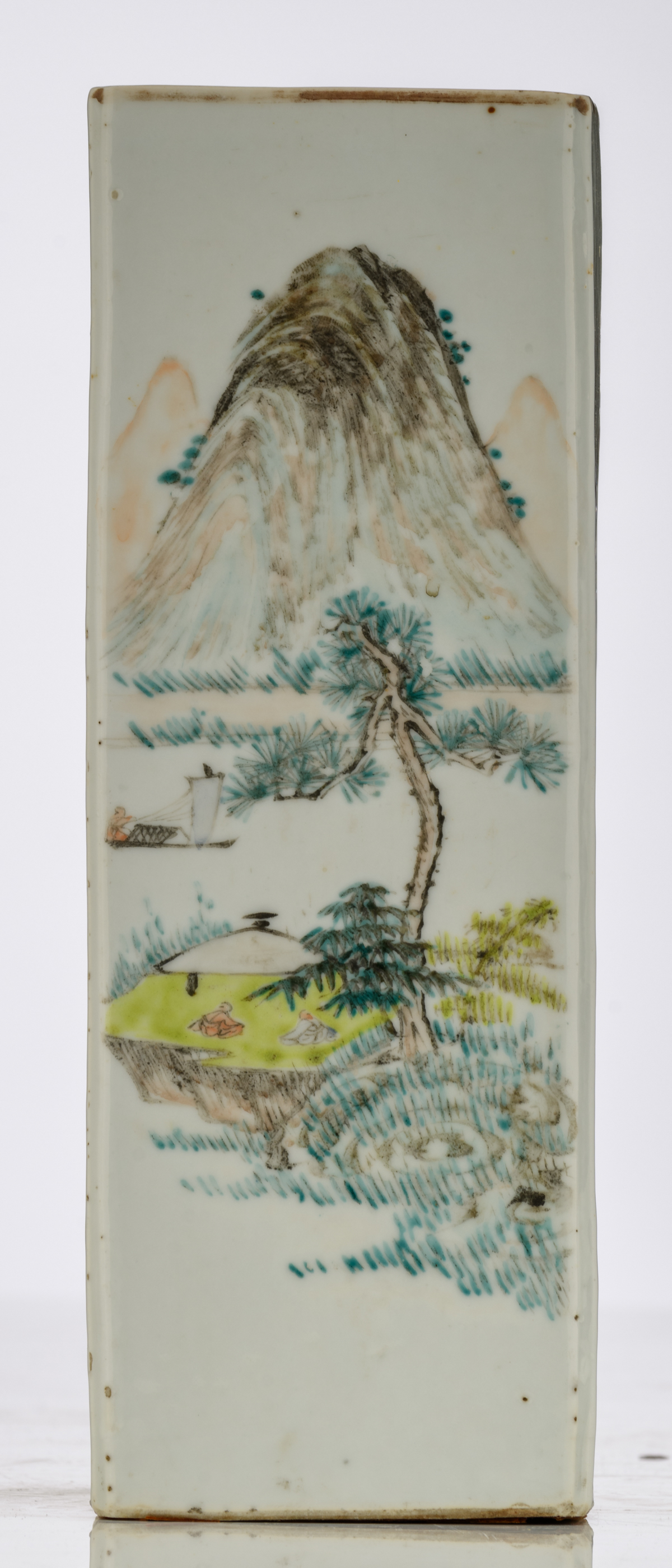 A Chinese polychrome quadrangular vase, decorated with a beauty in a garden, a mountainous landscape - Image 4 of 7