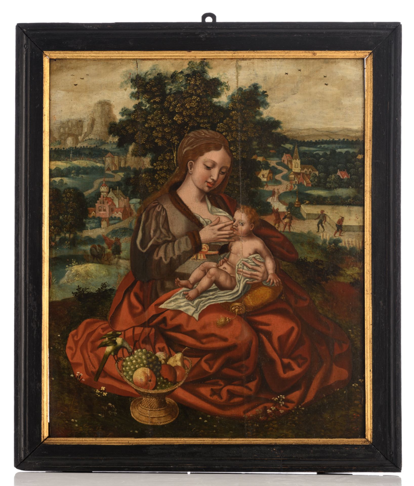 No visible signature, the nursing Madonna, oil on an oak panel, Flemish, 16thC, 59 x 73,5 cm - Bild 2 aus 3