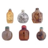 Six Chinese snuff bottles, some in glass, some in agate and in solid rock, three bottles painted
