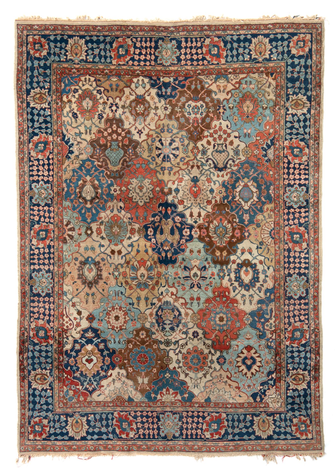 A large Oriental rug, decorated with flower vases, 210 x 300 cm