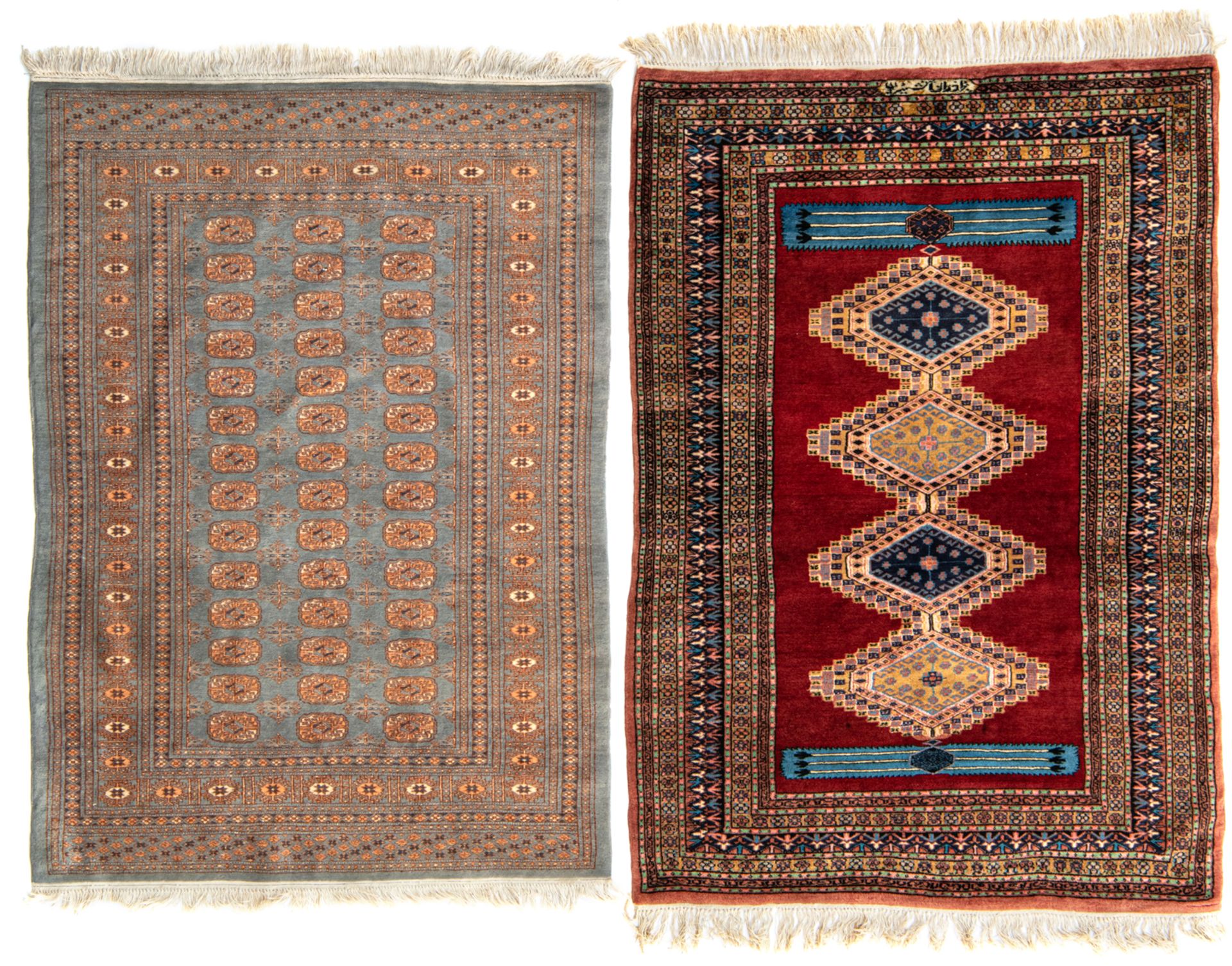 An Oriental rug with geometric motifs; added: an Oriental rug, 127 x 182 / 125,5 x 190,5 cm