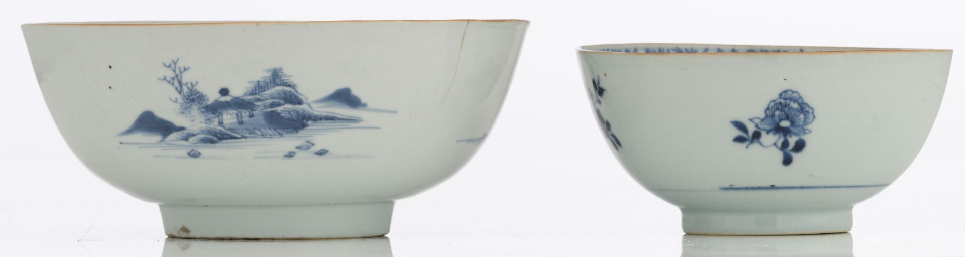 Nine Chinese underglaze-blue decorated café-au-lait glazed dishes with various flower designs; - Image 8 of 15