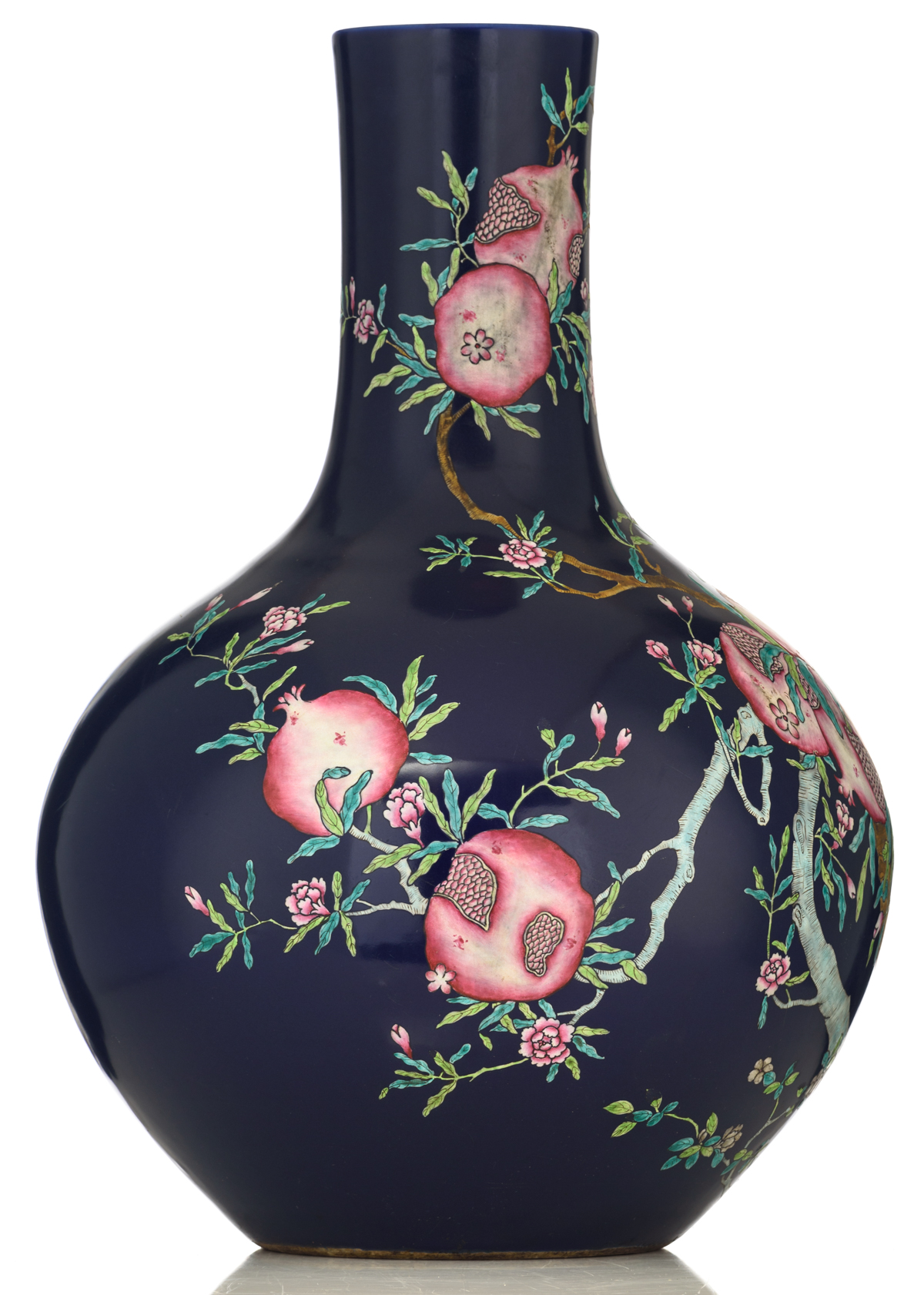 A Chinese blue ground famille rose tianqiuping, decorated with blossoming pomegranate tree branches, - Image 4 of 7
