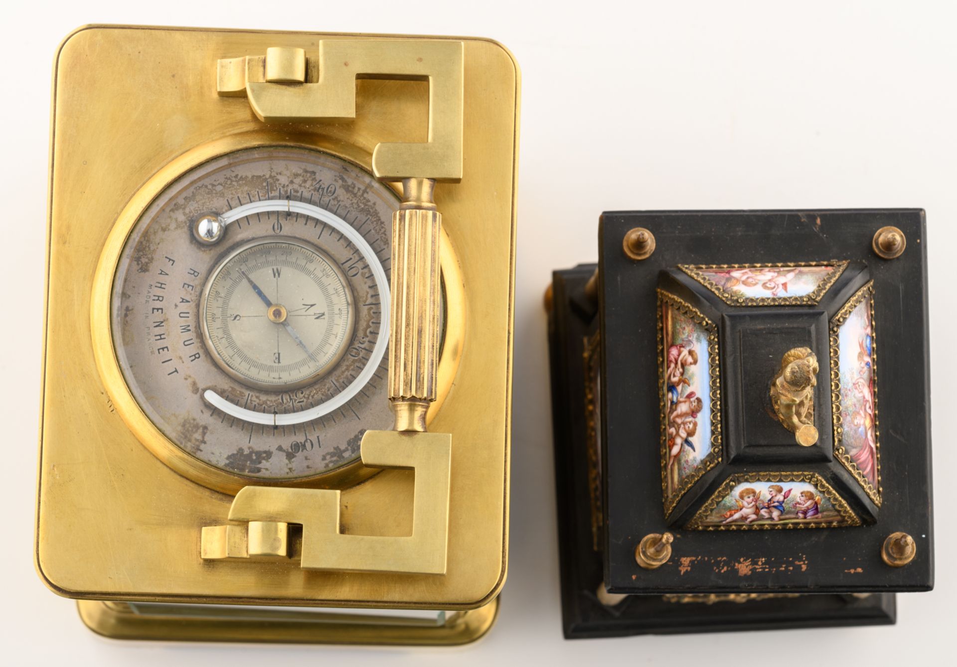 A French early 20thC brass table clock also set with a Fahrenheit & Réaumur thermometer and a - Image 5 of 9