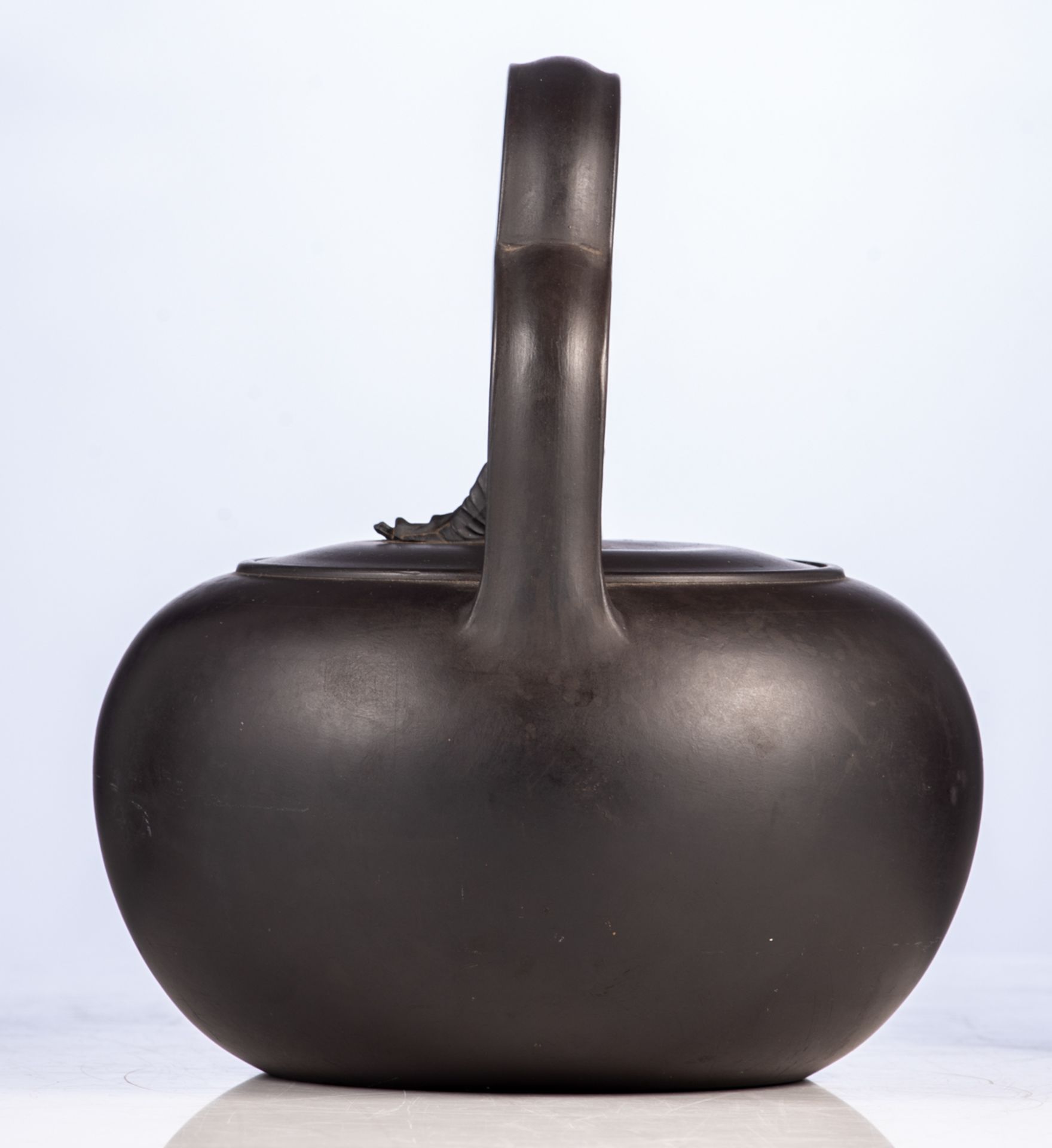 An English black basalt teakettle with a lobed bail handle, a Sybil knop and a silver cap on the - Image 3 of 8