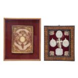 Four carved so-called 'Jerusalem' mother of pearl pendants, one crucifix and one escutcheon with the