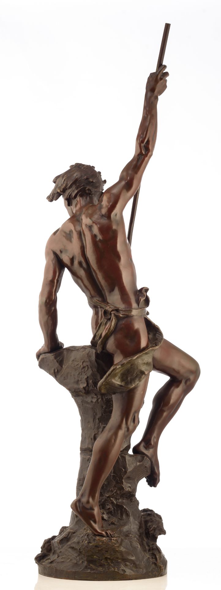 Ferrand E.J., a fisherman with his harpoon, patinated bronze, H 116 cm - Image 3 of 6