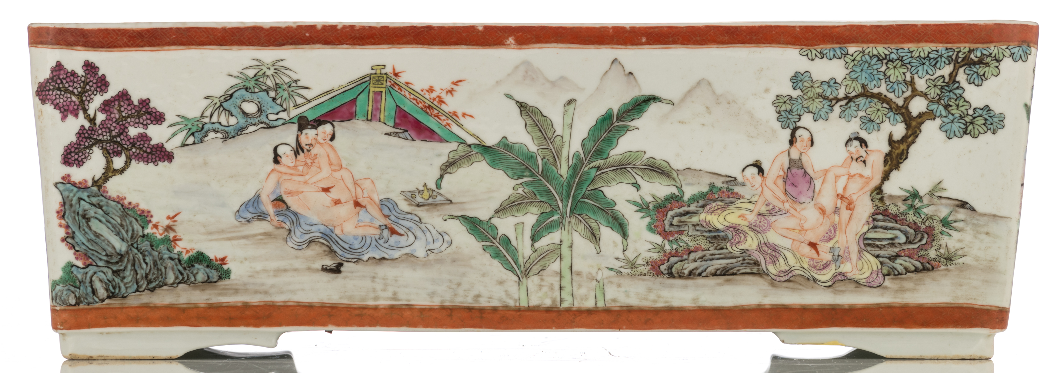 A Chinese famille rose and polychrome decorated rectangular cachepot with erotic scenes, marked, - Image 2 of 8