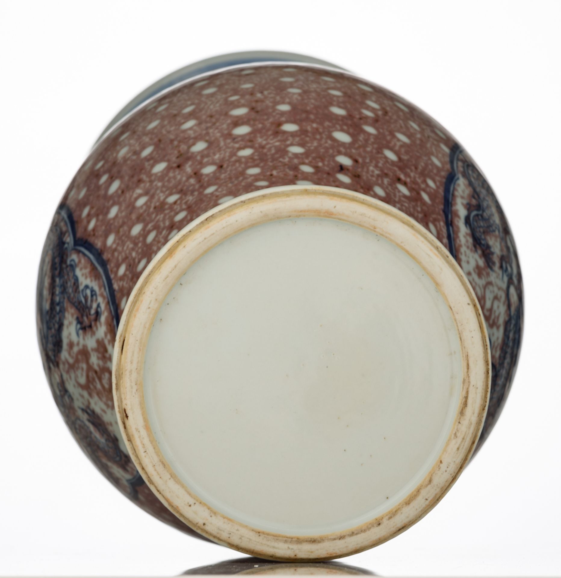 A Chinese underglaze blue and copper red baluster shaped vase, the roundel decorated with a - Image 6 of 6